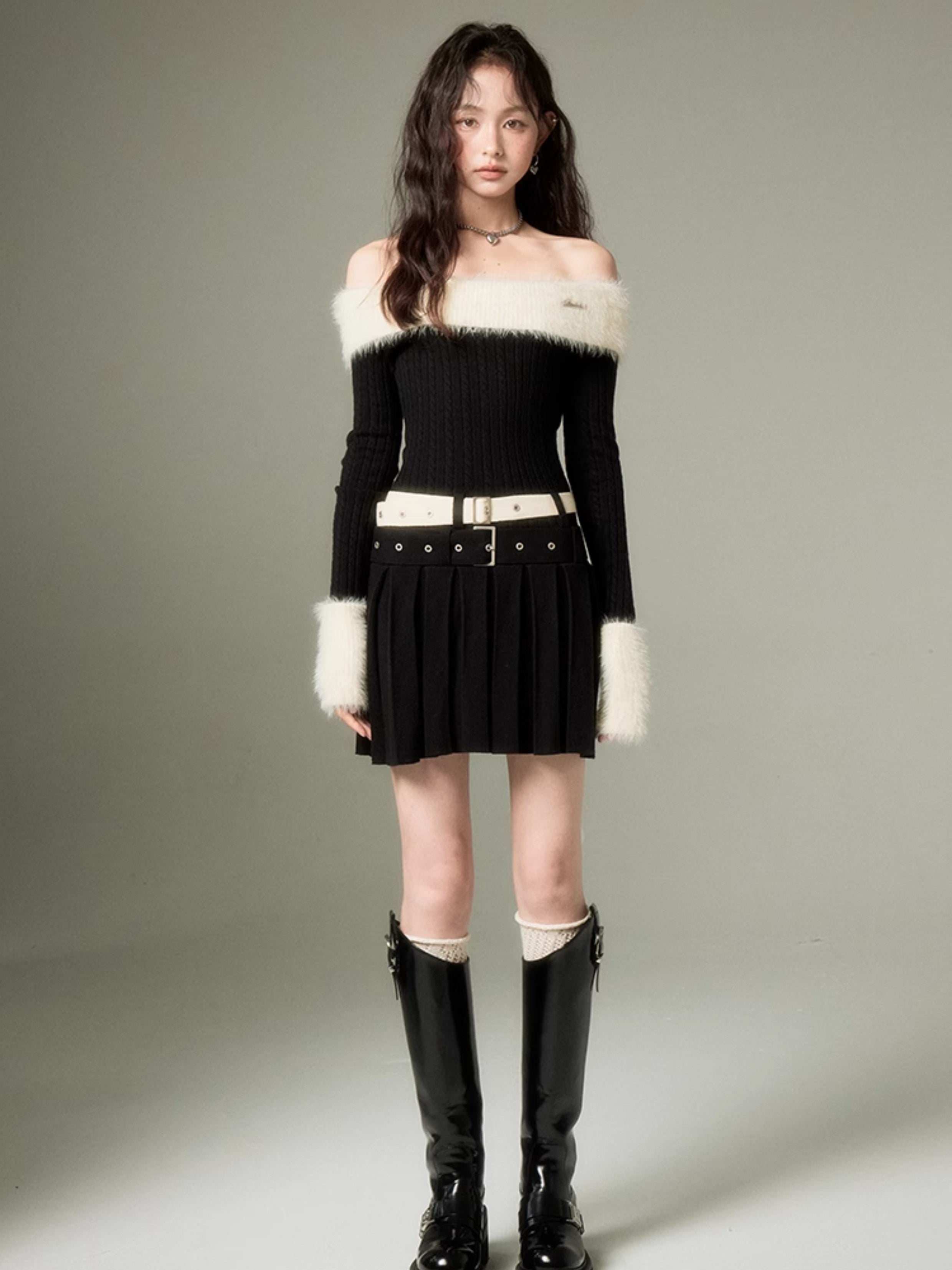 Knit Double Belt Off-Shoulder Dress - chiclara