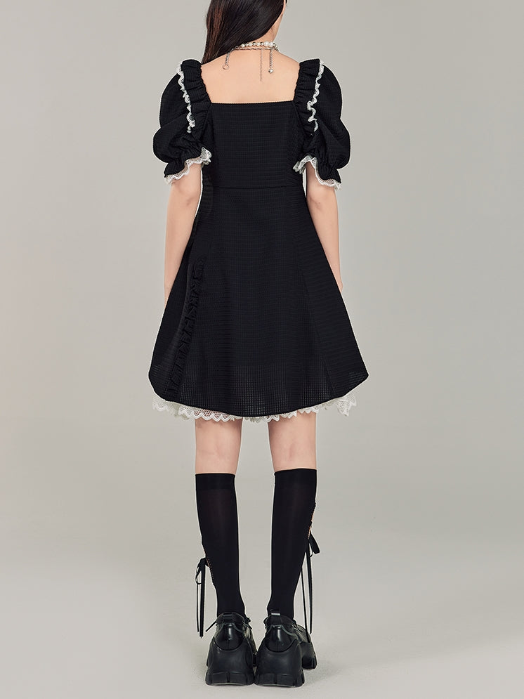 Puff Sleeve Black Square Neck Dress - chiclara
