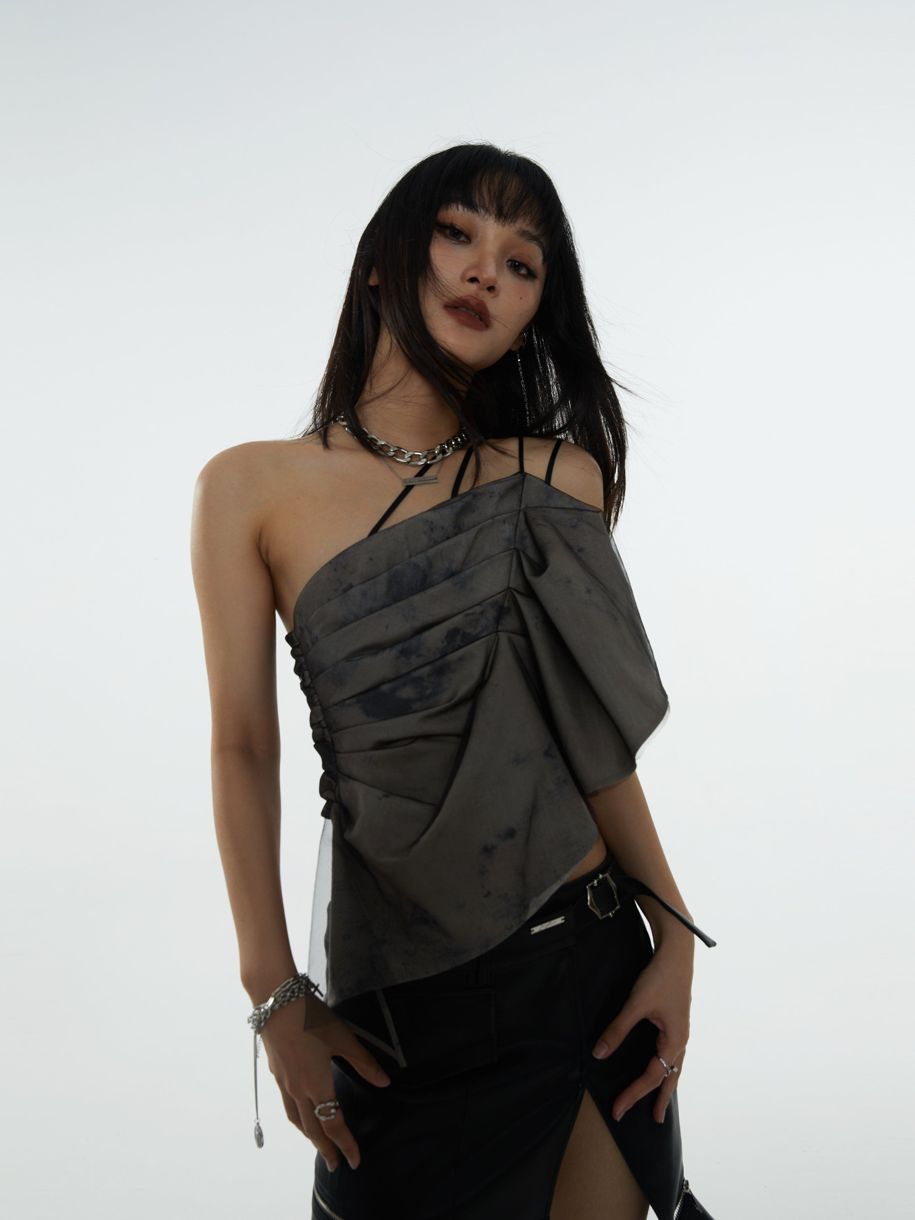 Asymmetric Camisole With Pleated Shoulder Strap - chiclara