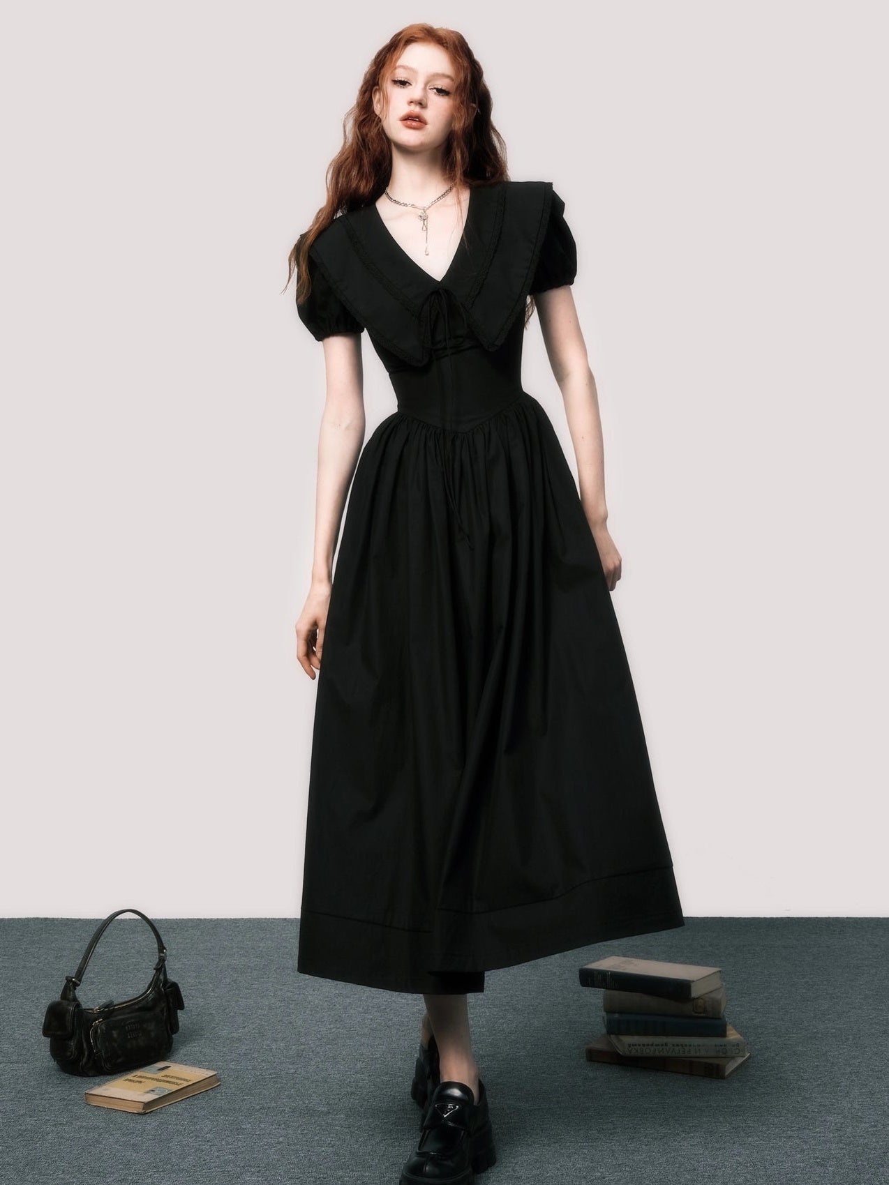 Elegant V-Neck Puff Sleeve Little Black Dress - chiclara