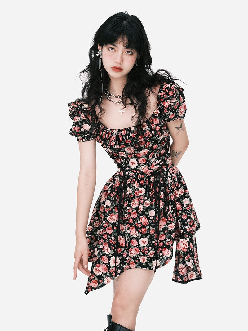 Blossom Noir Puff-Sleeve Dress - chiclara