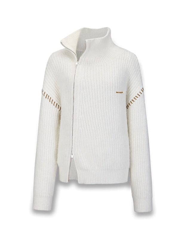 Double-Zip High Neck Knitted Jacket - chiclara