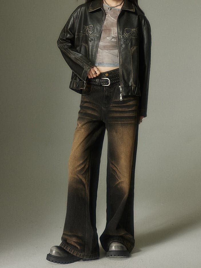 Large Pocket Distressed Straight Jeans - chiclara