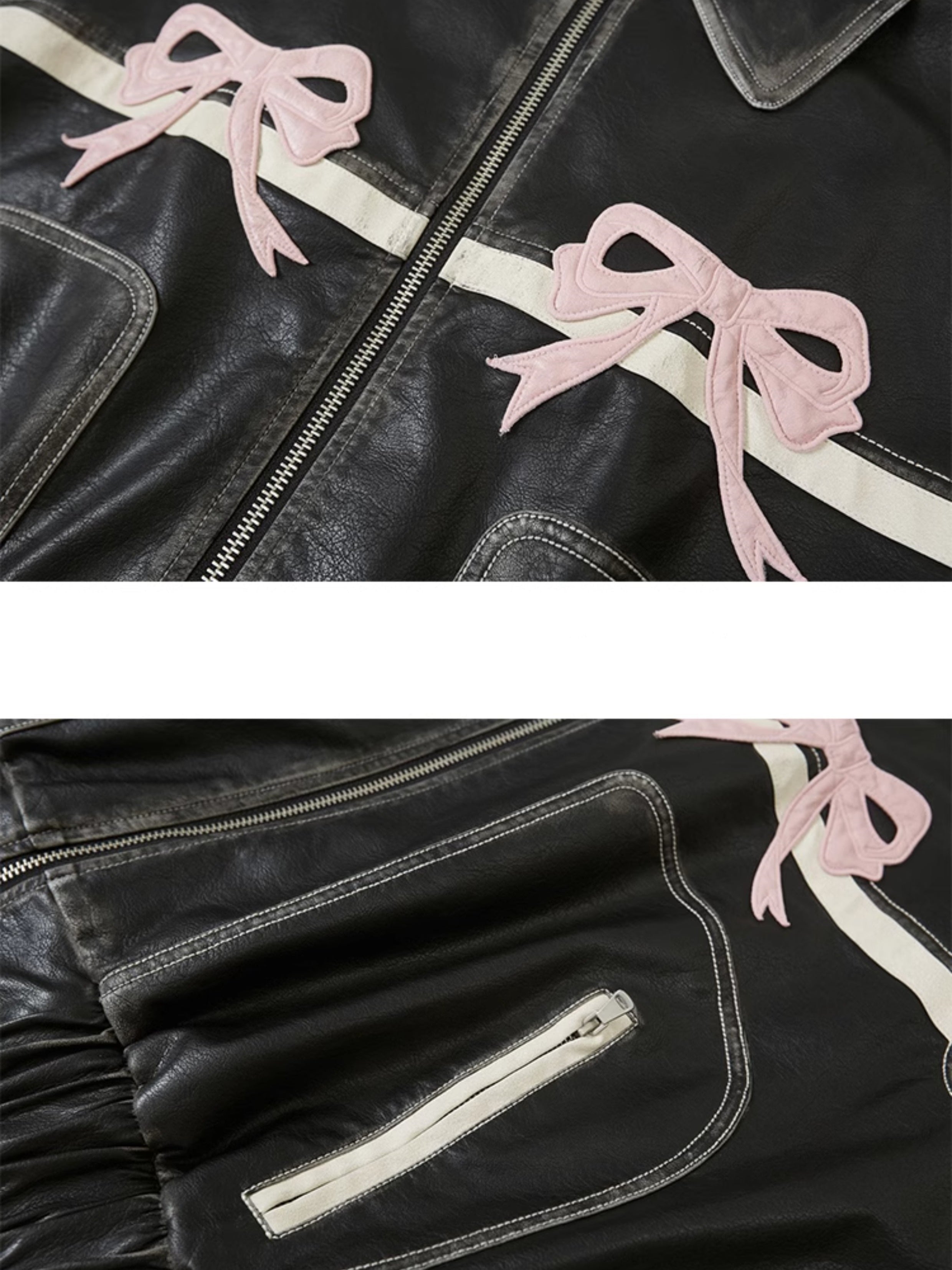 Retro Color-Painted Leather Jacket With Bowknot Detail - chiclara