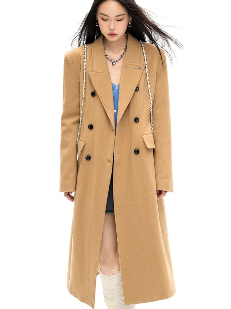 Slim Waist Double Blest Long Coat - chiclara