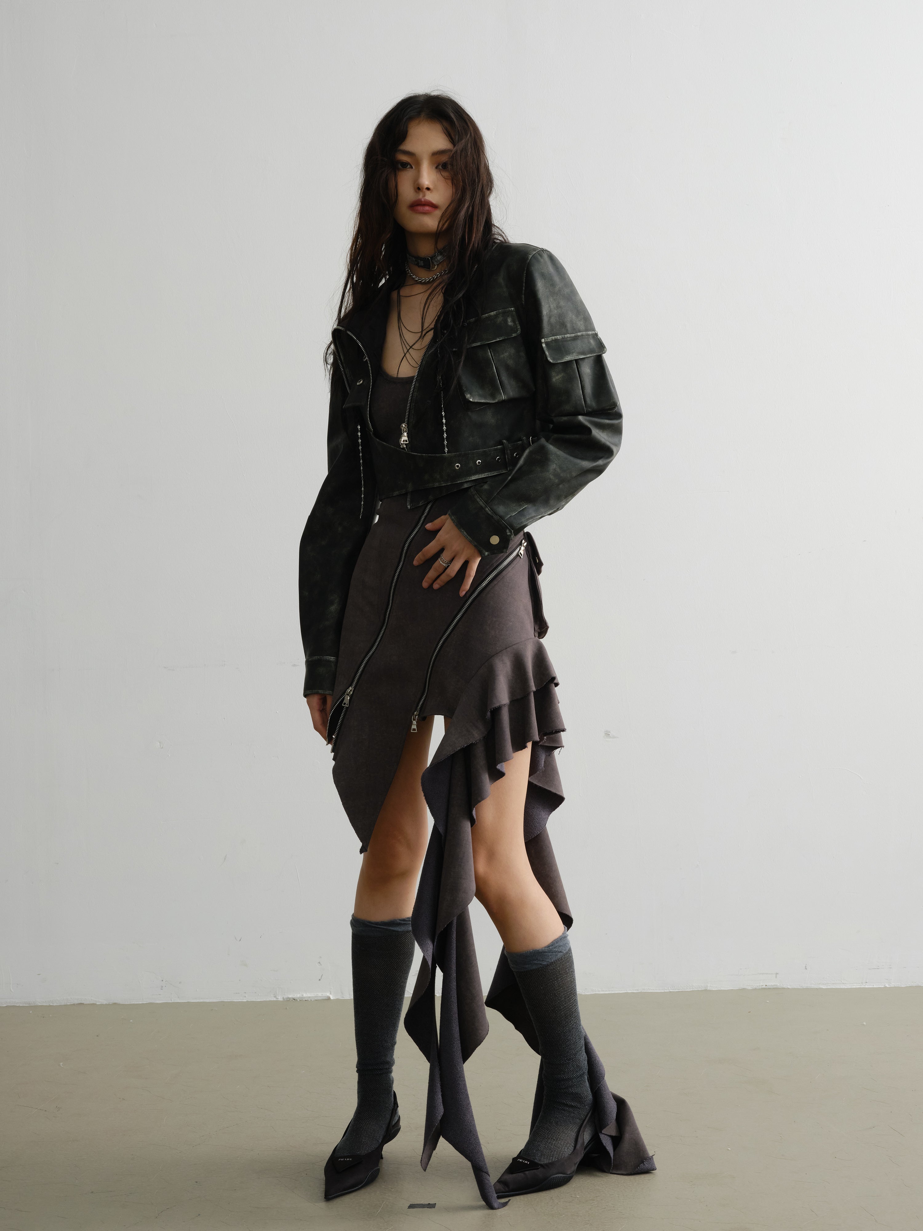 Elegant Ruffled Suspender Dress With Unique Zipper Detail - chiclara
