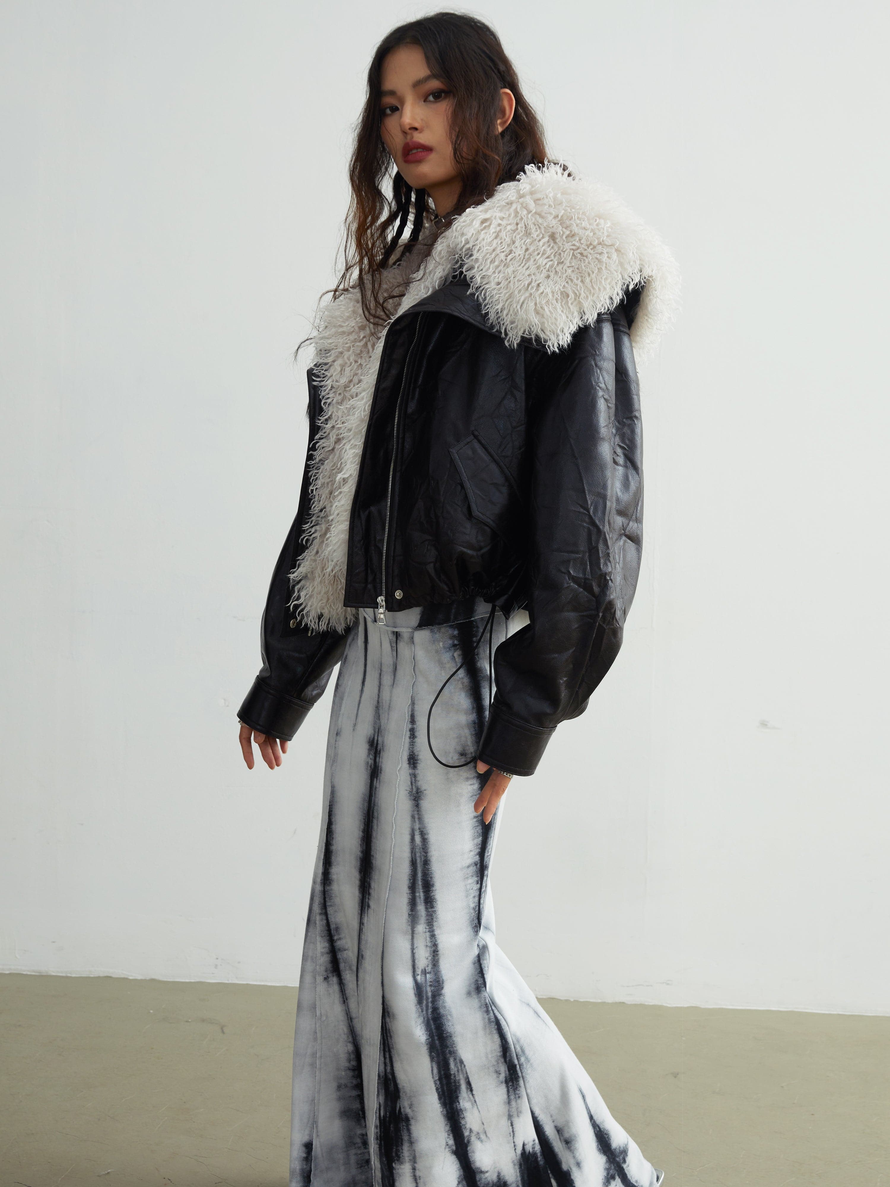 Faux Leather Jacket With Detachable Oversized Fur Collar - chiclara