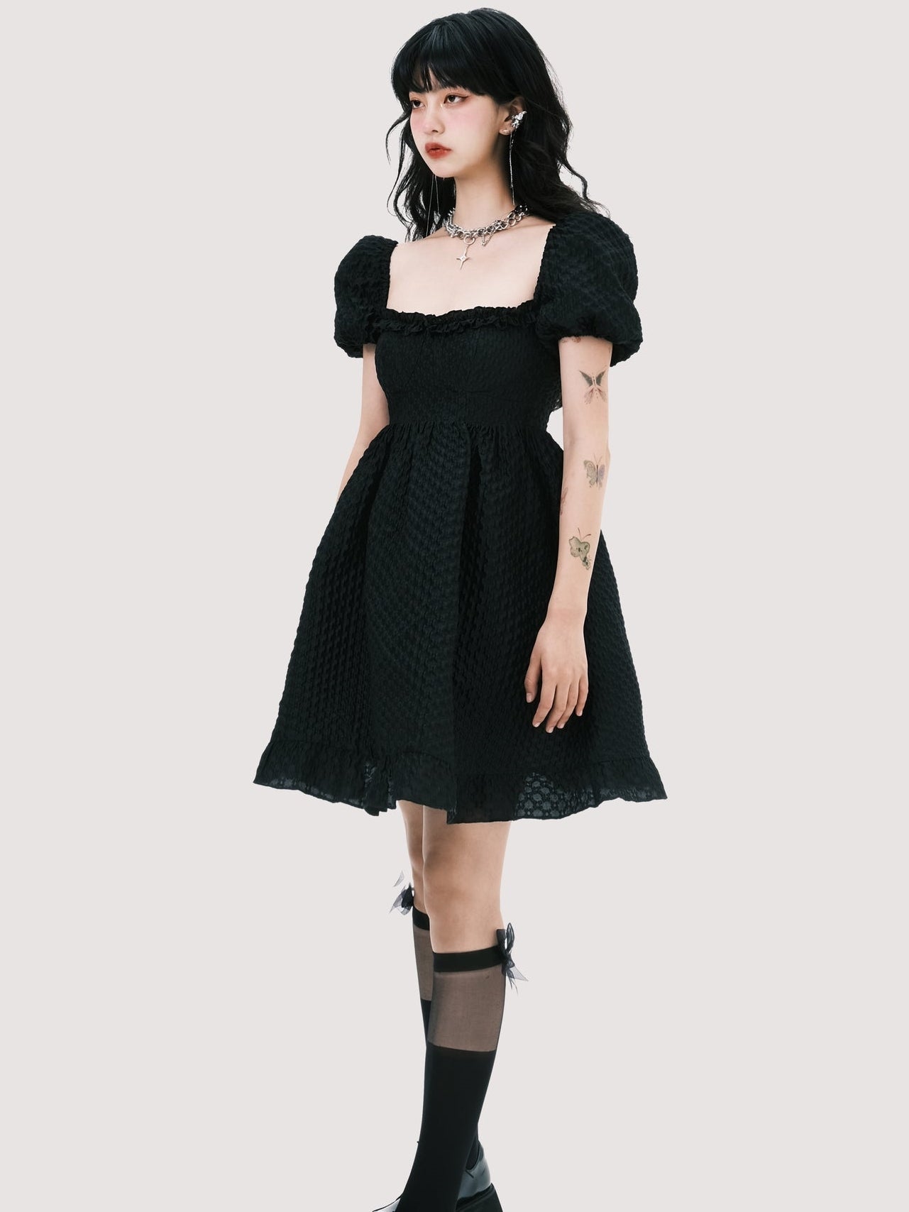Elegant Square Neck Puff Sleeve Jacquard Dress - chiclara
