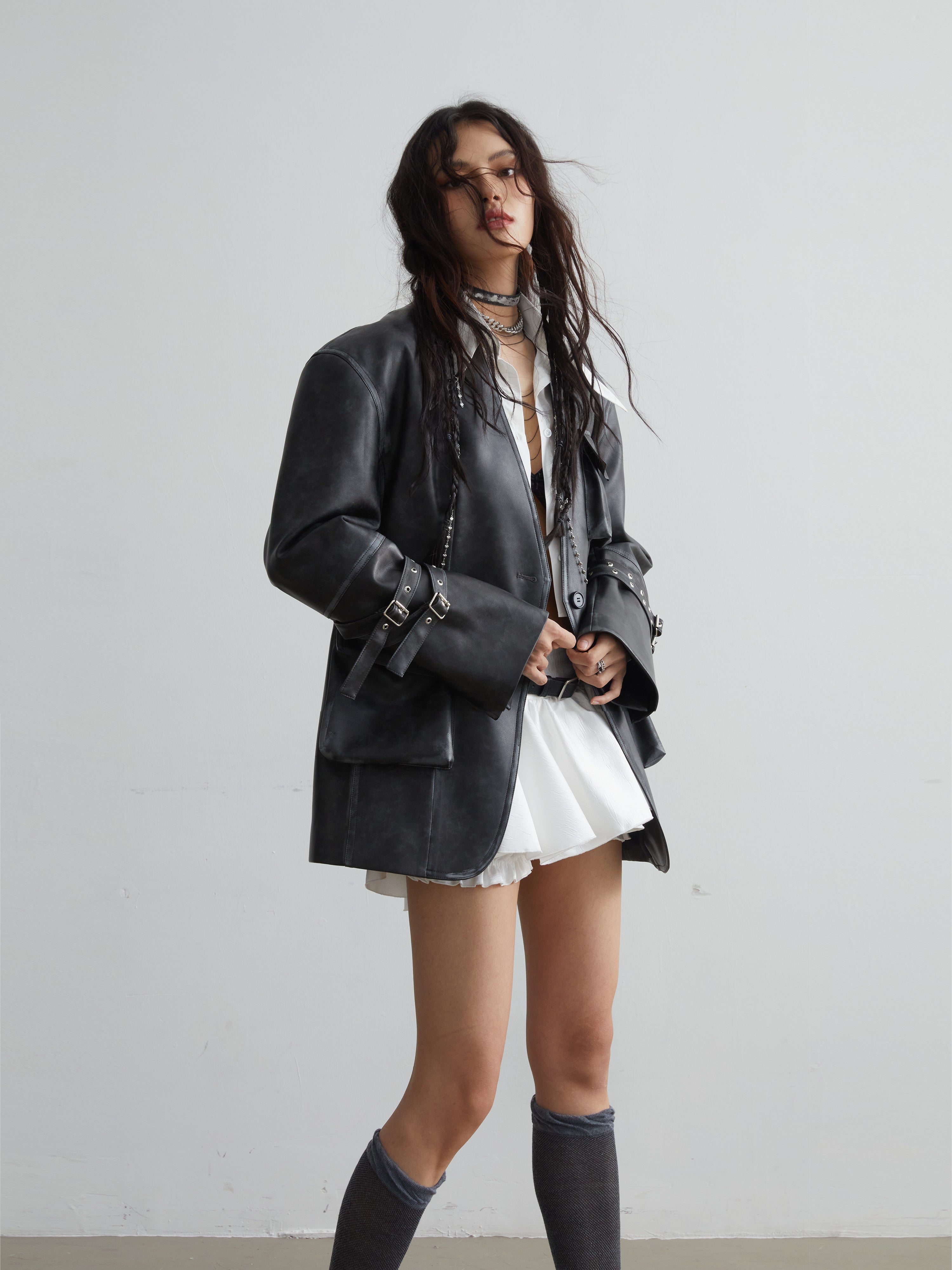 Vintage Pu Leather 3D Pocket No-Collar Jacket - chiclara