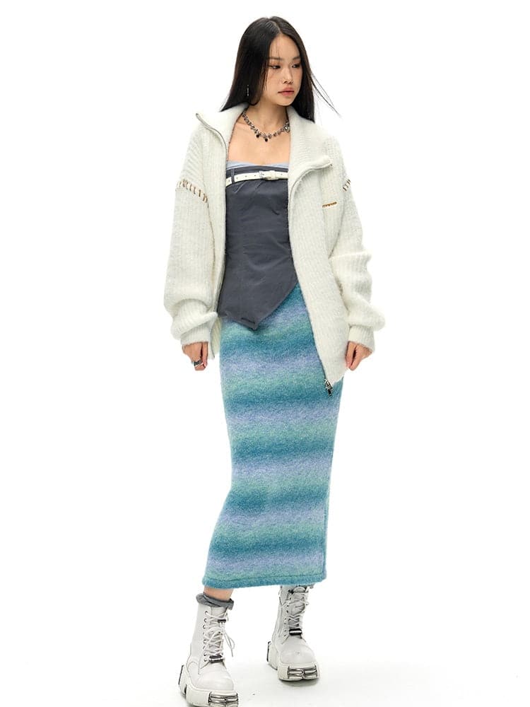 Double-Zip High Neck Knitted Jacket - chiclara