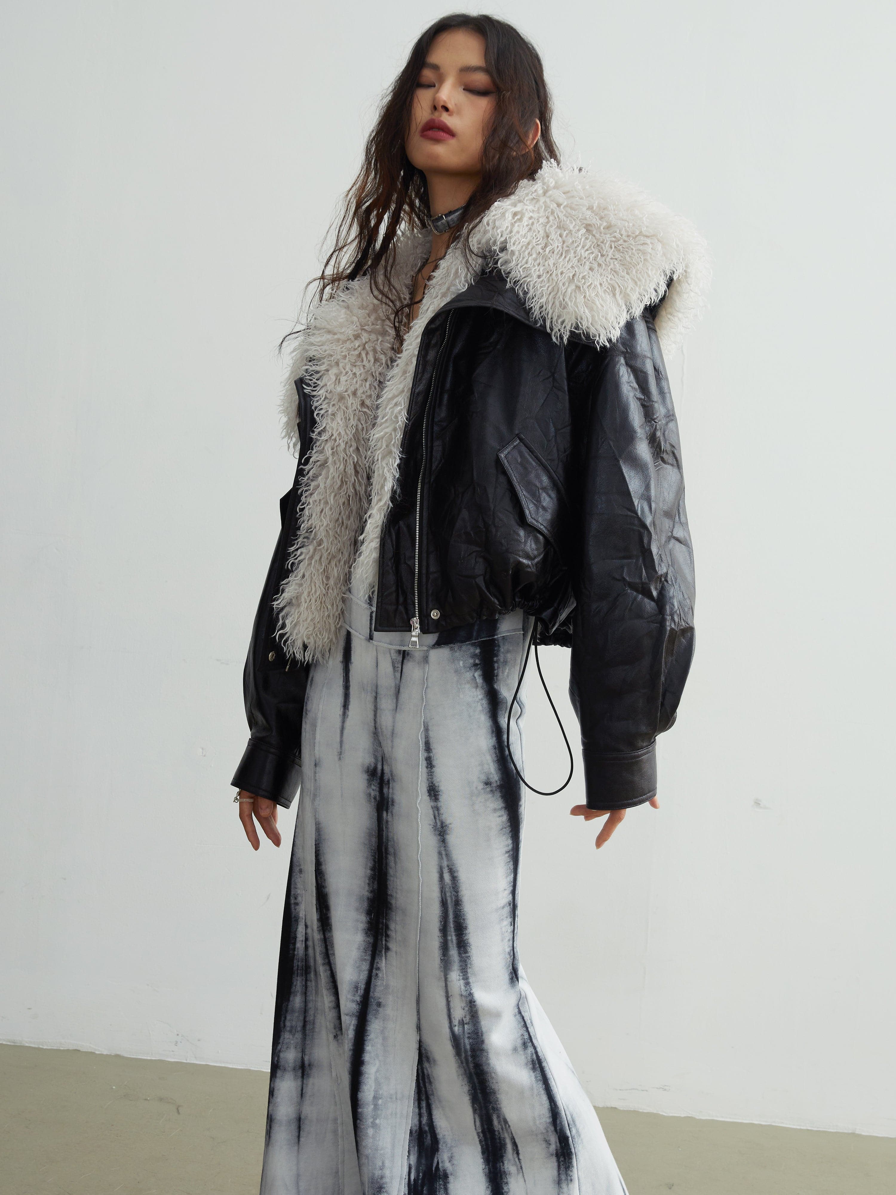 Faux Leather Jacket With Detachable Oversized Fur Collar - chiclara