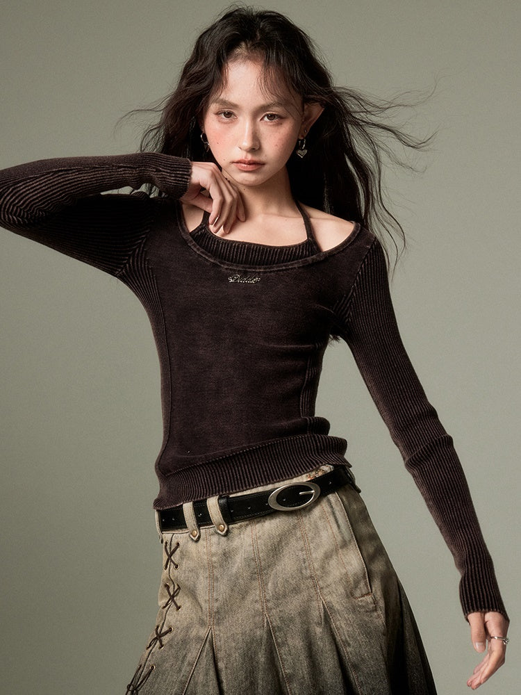 Halter Neck Washed Knit Top - chiclara