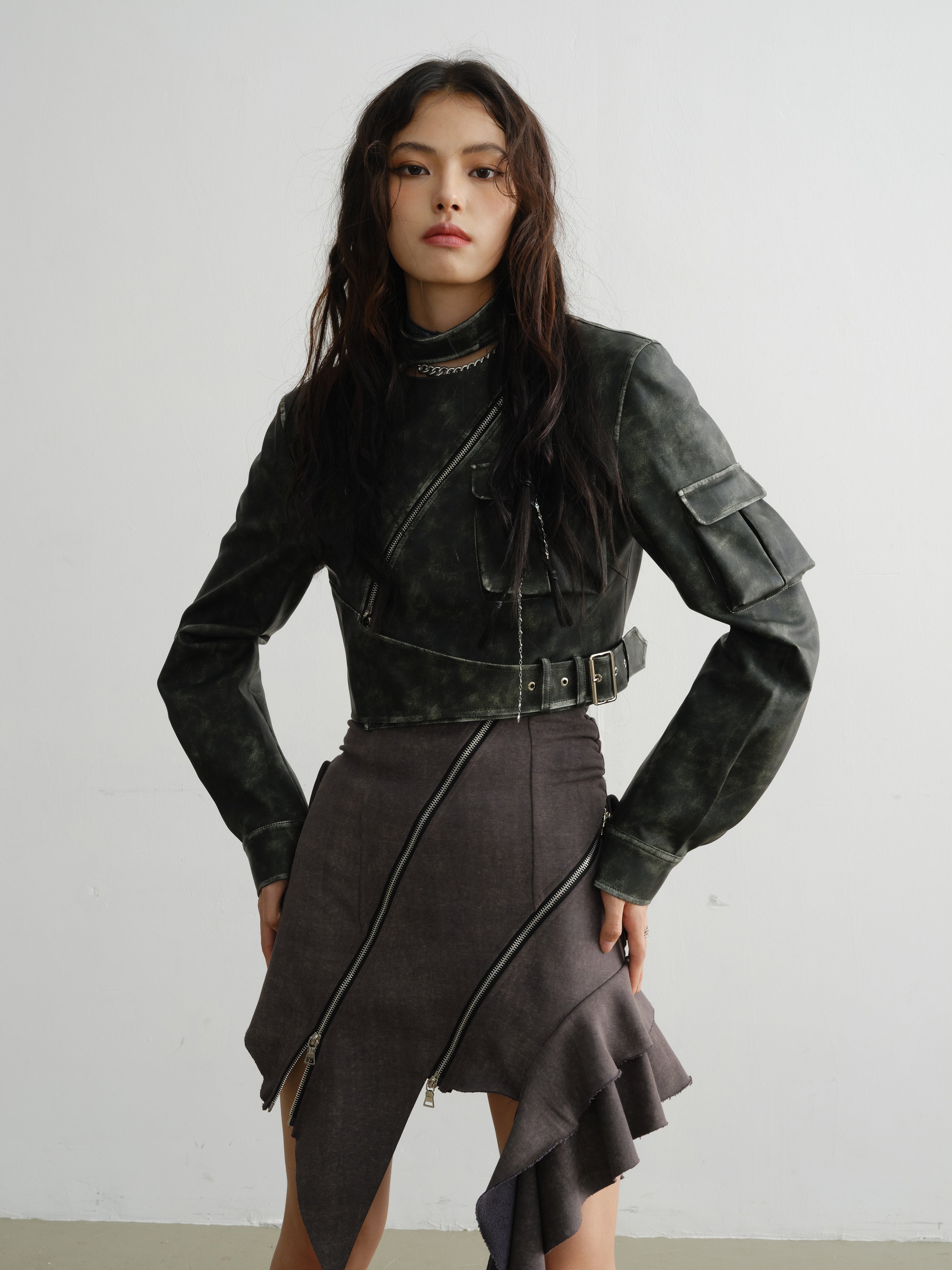 Elegant Ruffled Suspender Dress With Unique Zipper Detail - chiclara