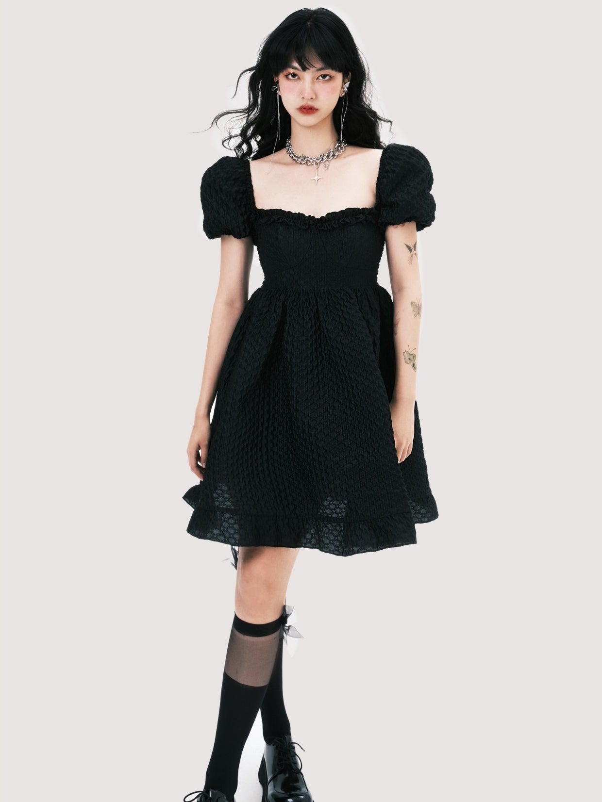 Elegant Square Neck Puff Sleeve Jacquard Dress - chiclara