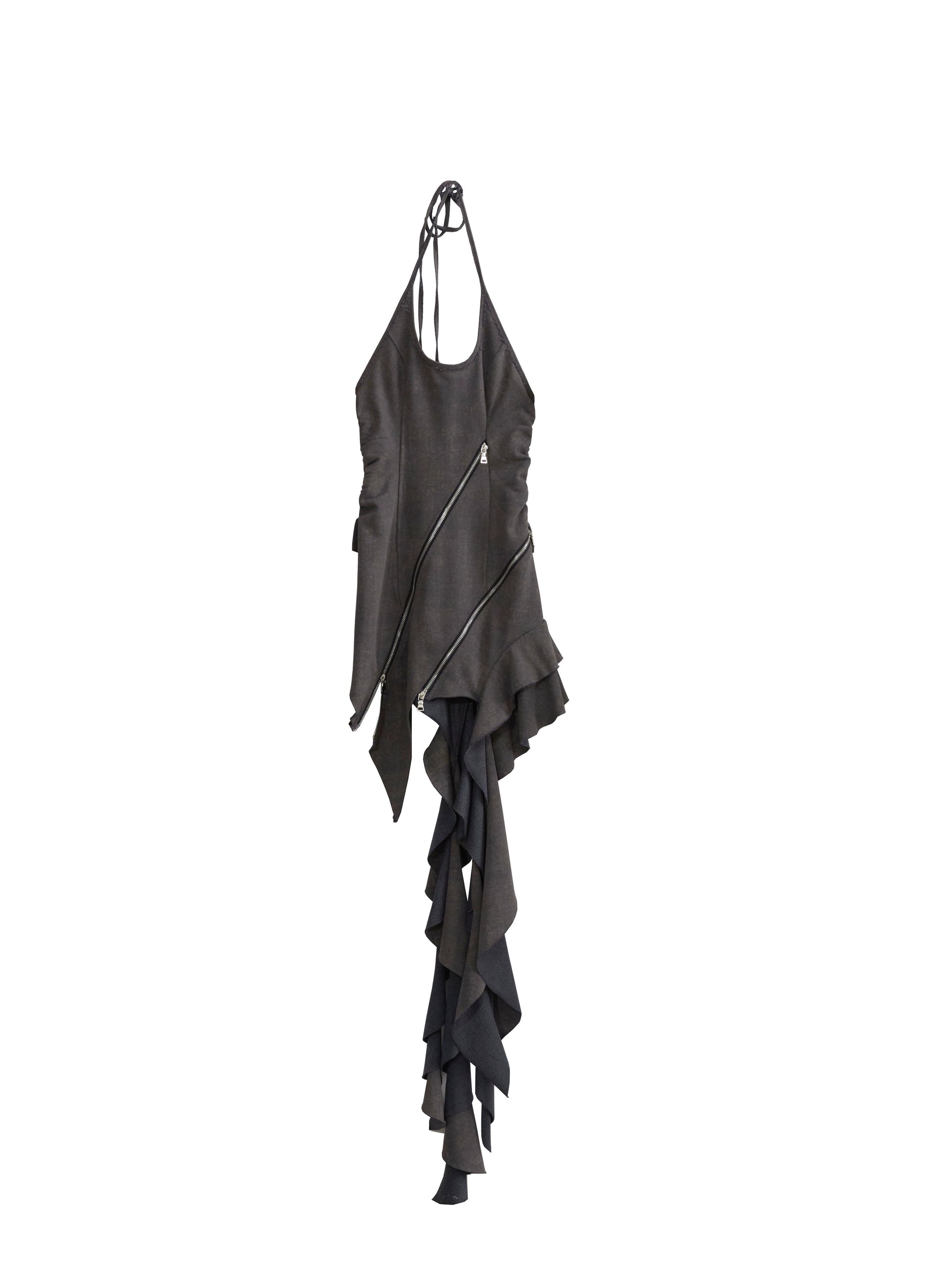 Elegant Ruffled Suspender Dress With Unique Zipper Detail - chiclara
