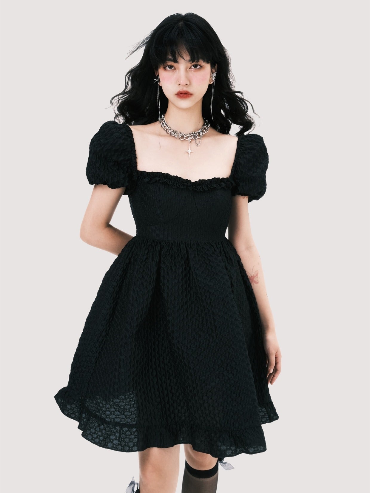 Elegant Square Neck Puff Sleeve Jacquard Dress Xs / Black Elegant Square Neck Puff Sleeve Jacquard Dress Xs / Black