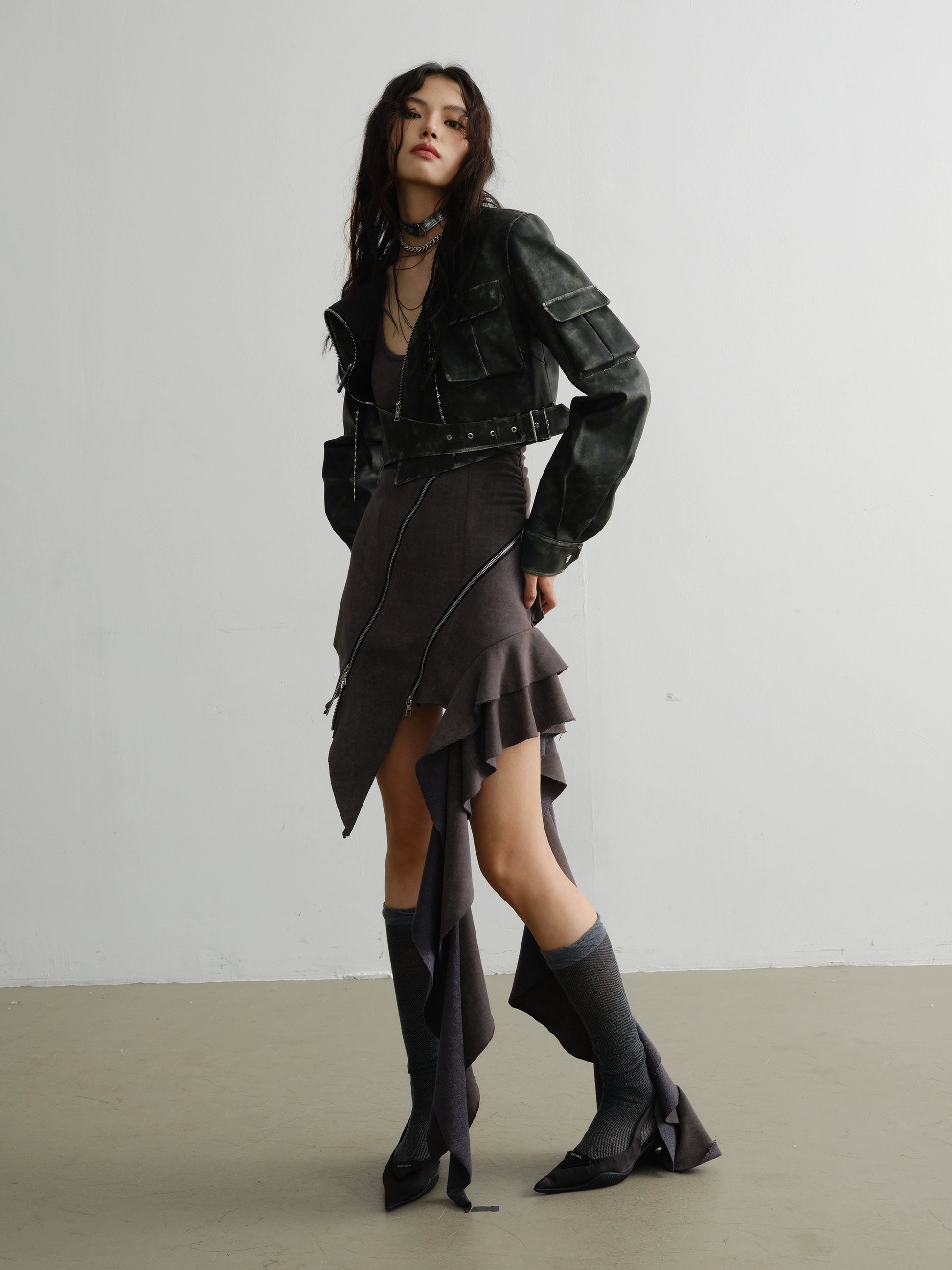 Elegant Ruffled Suspender Dress With Unique Zipper Detail - chiclara
