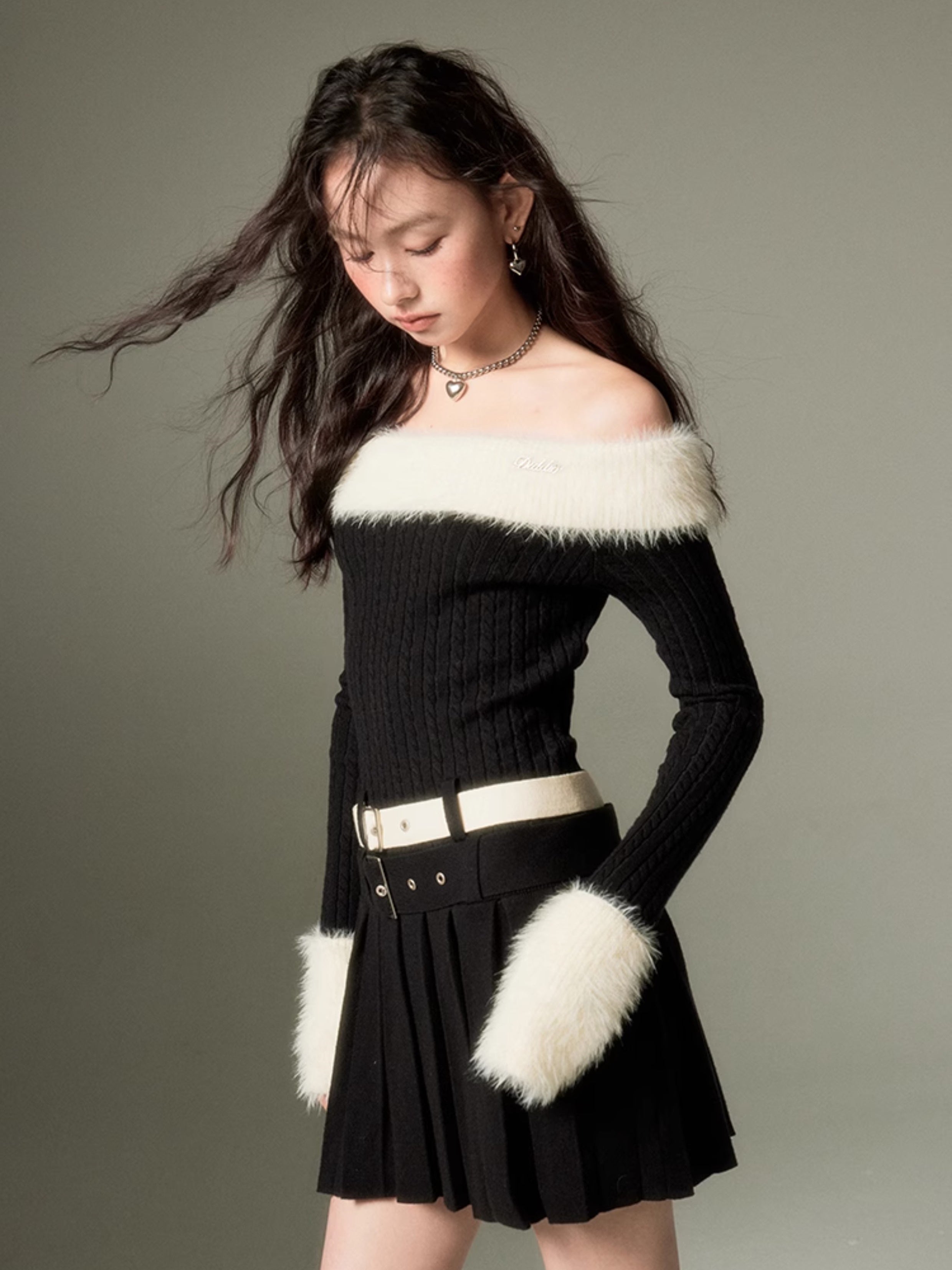 Knit Double Belt Off-Shoulder Dress - chiclara