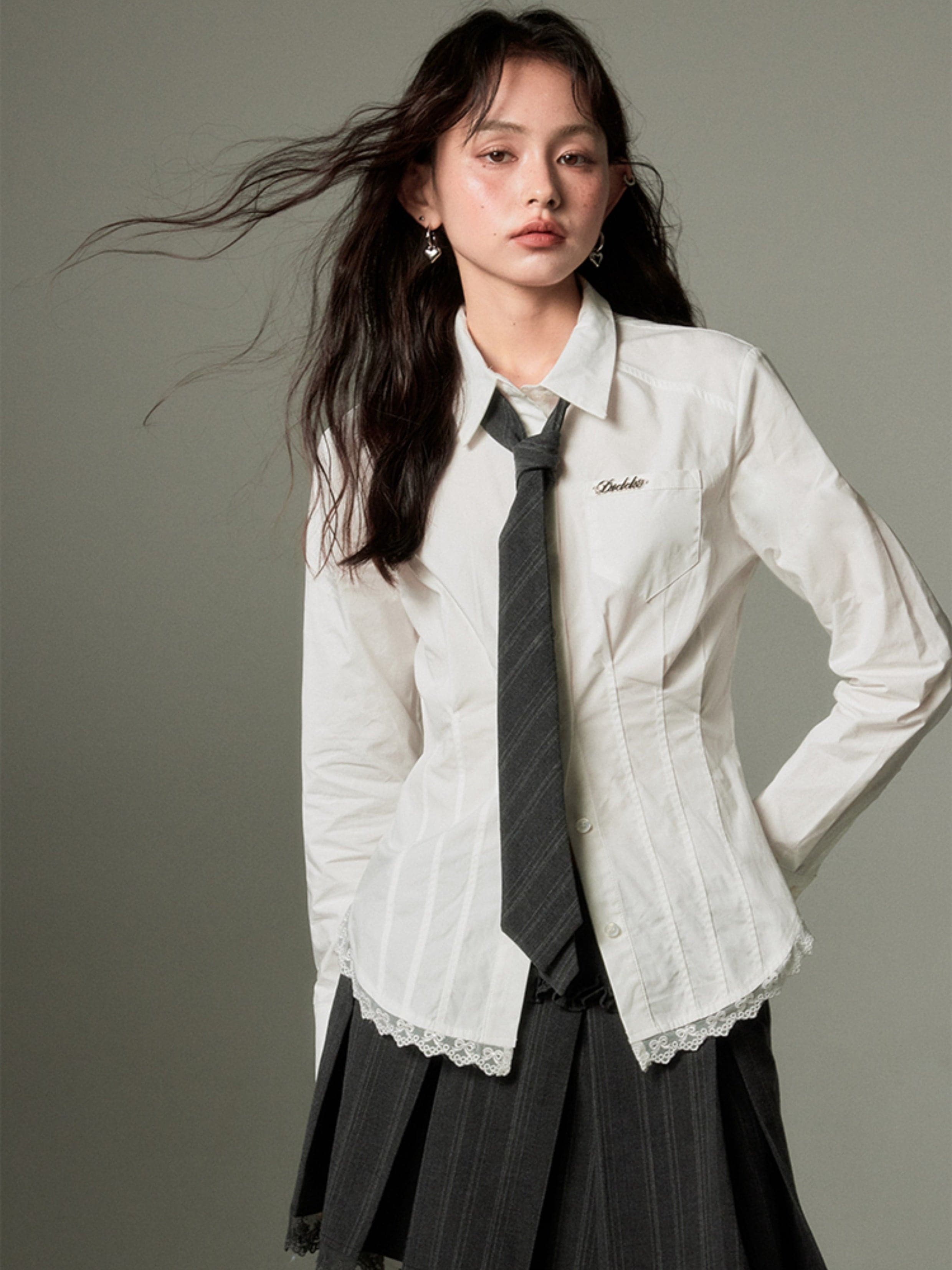 Slim Lace Stitch Waist Shirt - chiclara