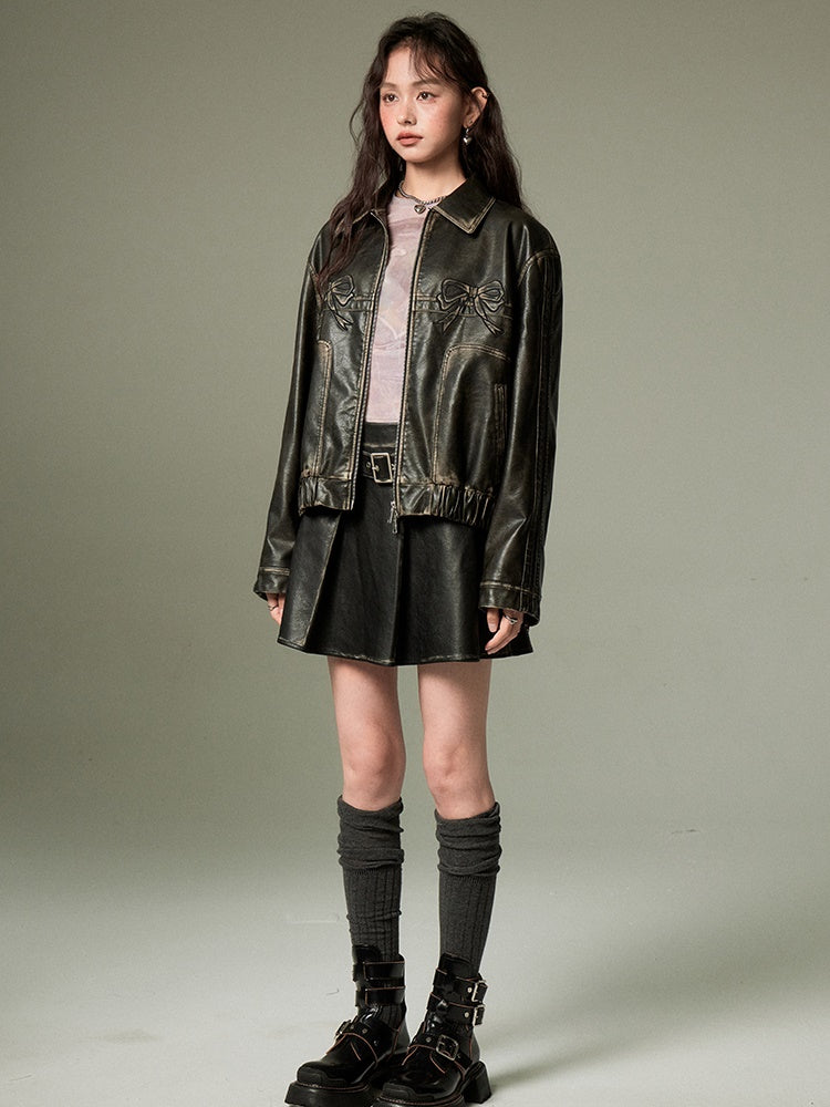 Retro Color-Painted Leather Jacket With Bowknot Detail - chiclara