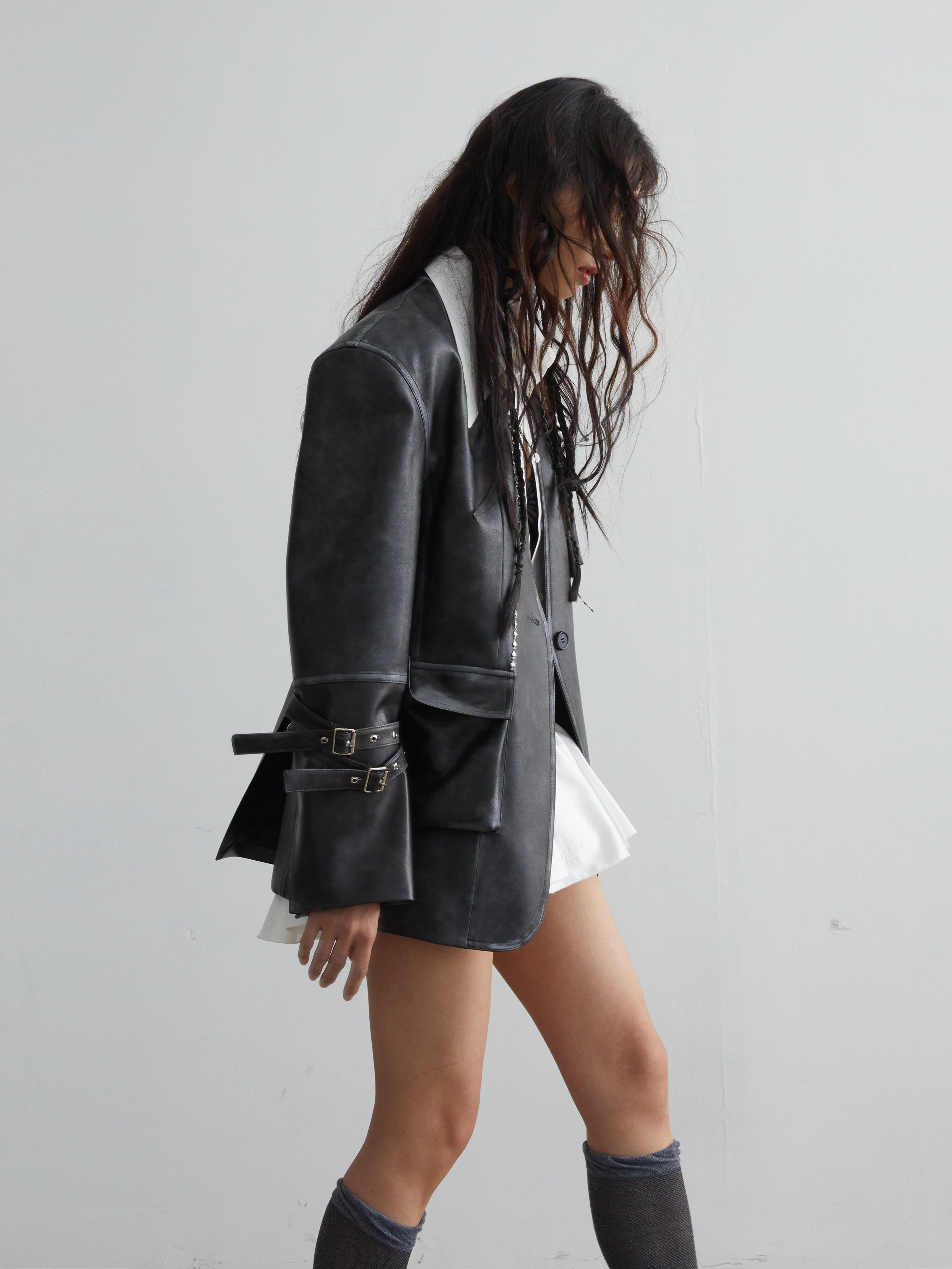 Vintage Pu Leather 3D Pocket No-Collar Jacket - chiclara