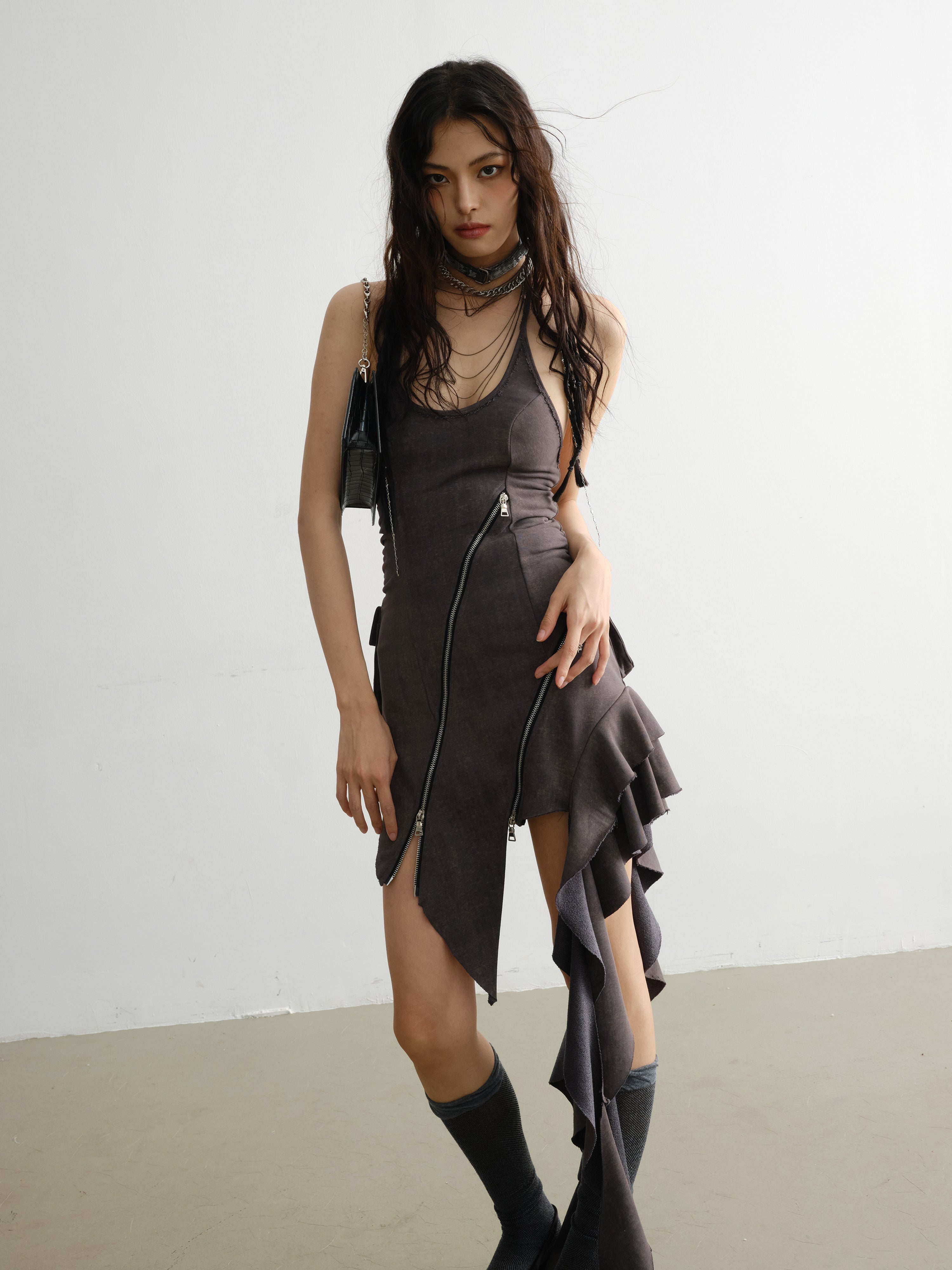 Elegant Ruffled Suspender Dress With Unique Zipper Detail - chiclara