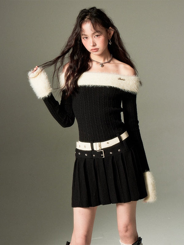 Knit Double Belt Off-Shoulder Dress - chiclara