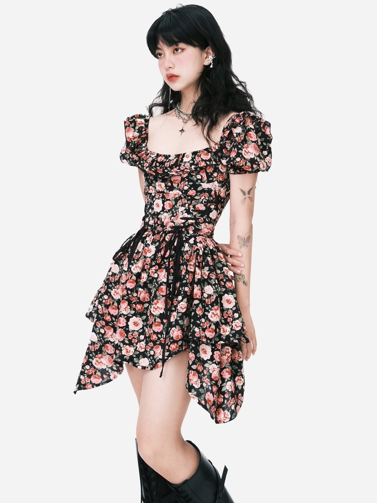 Blossom Noir Puff-Sleeve Dress - chiclara