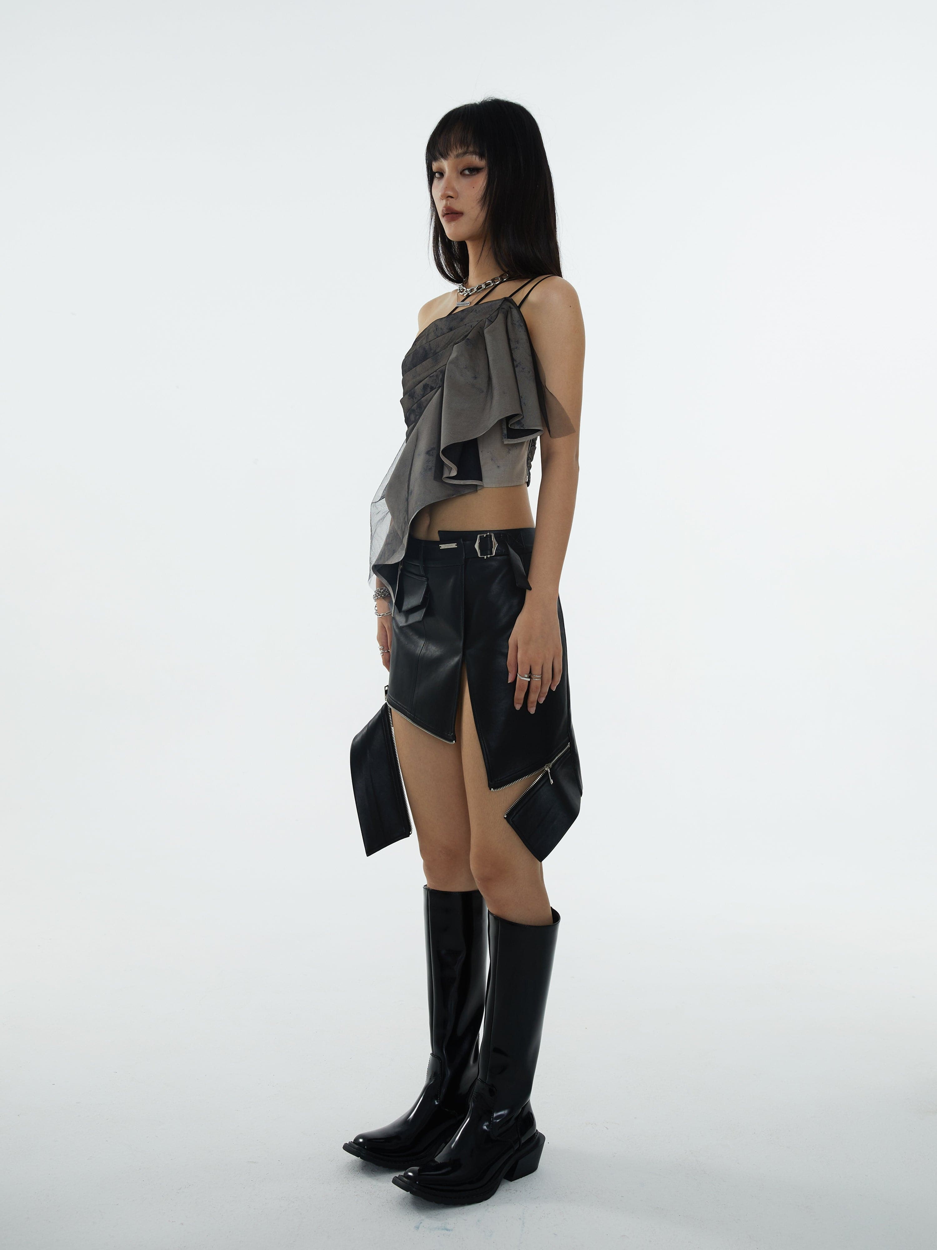 Asymmetric Camisole With Pleated Shoulder Strap - chiclara