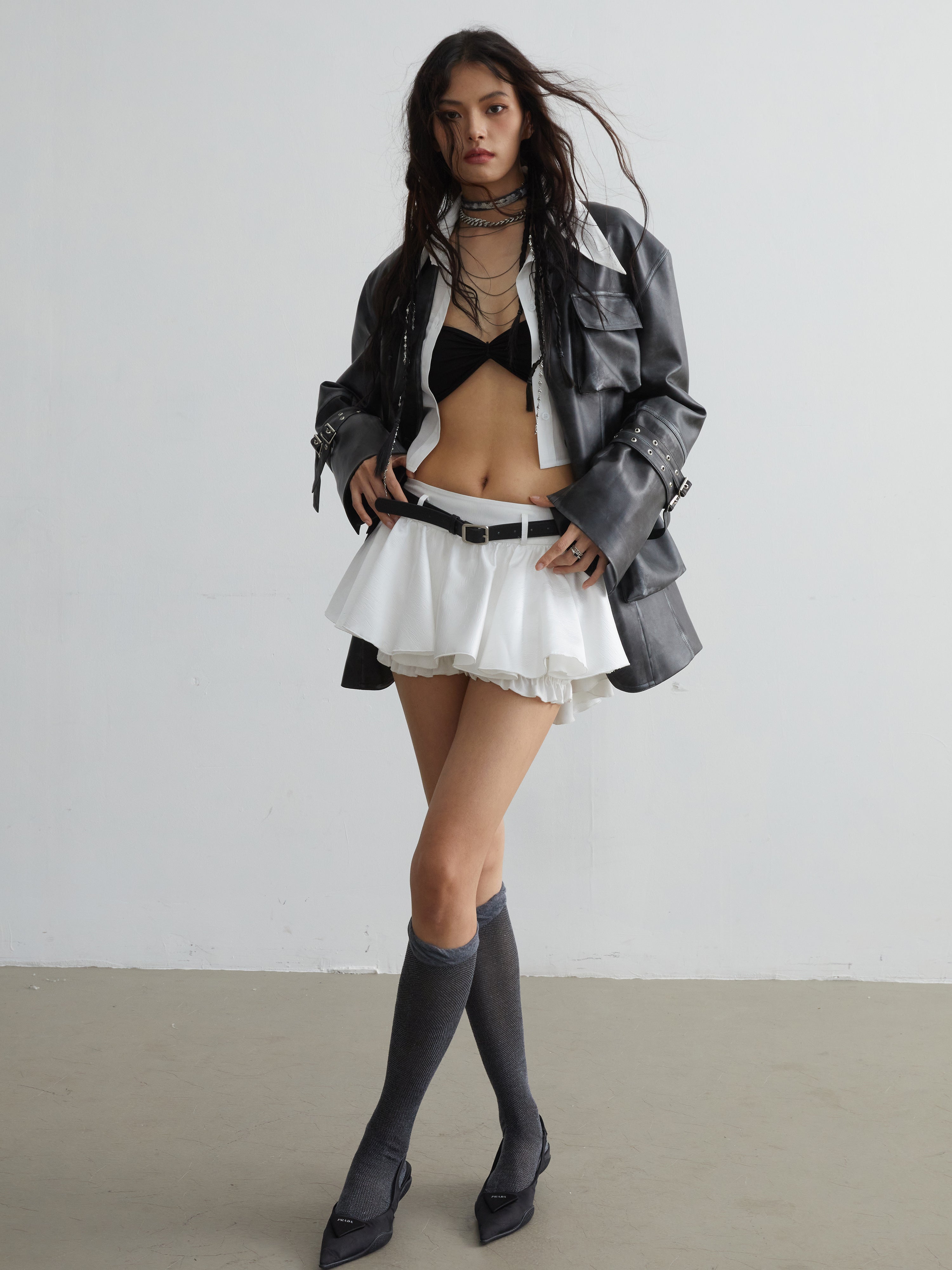 Ruffled Mini Skirt With Belt Embellishment - chiclara
