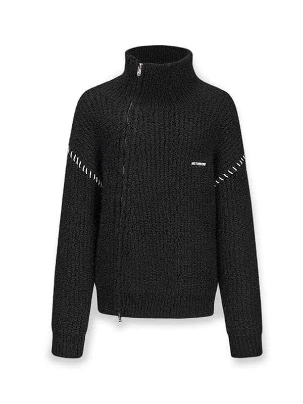 Double-Zip High Neck Knitted Jacket - chiclara