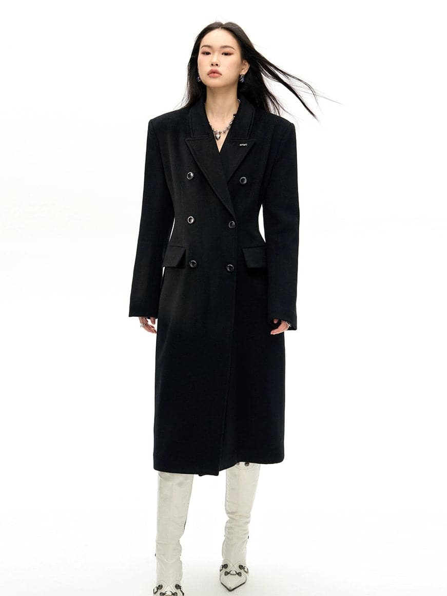 Slim Waist Double Blest Long Coat - chiclara
