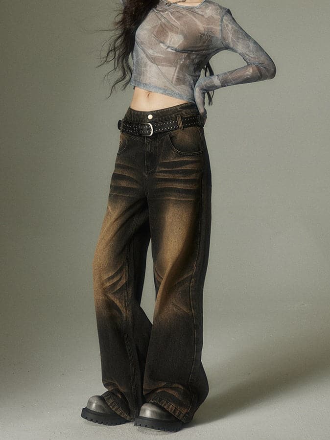 Large Pocket Distressed Straight Jeans - chiclara