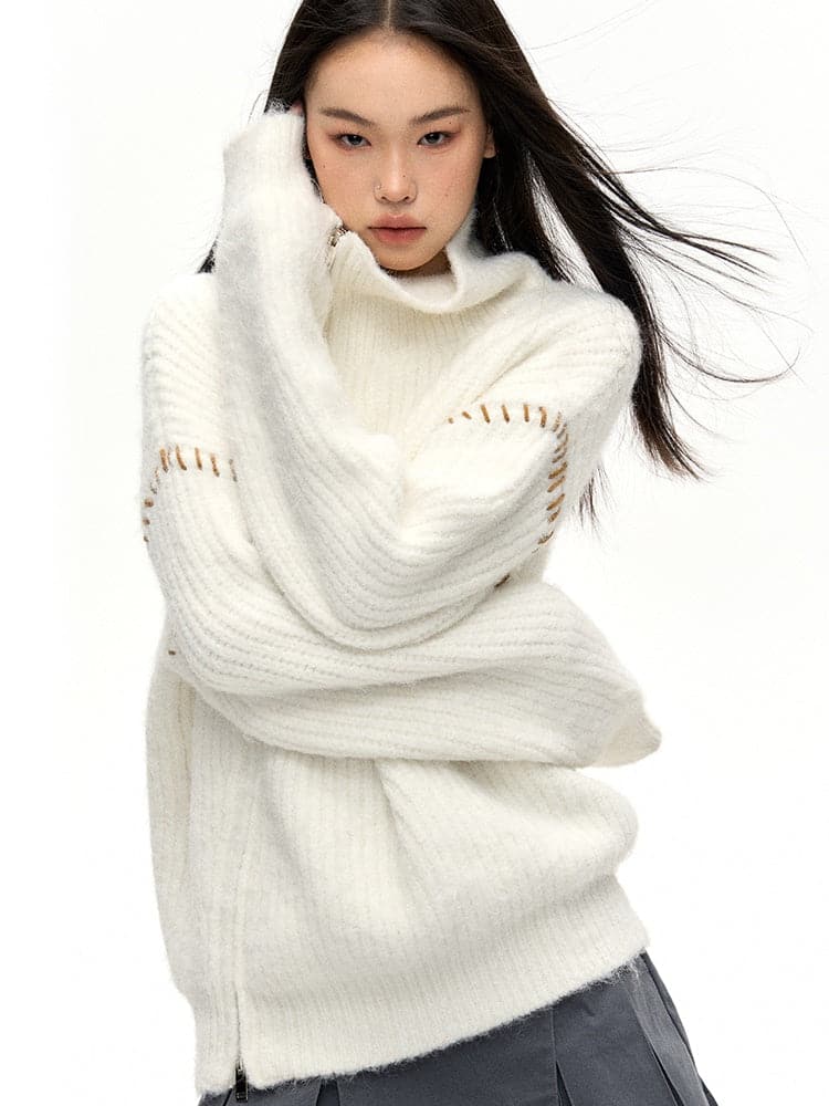 Double-Zip High Neck Knitted Jacket - chiclara