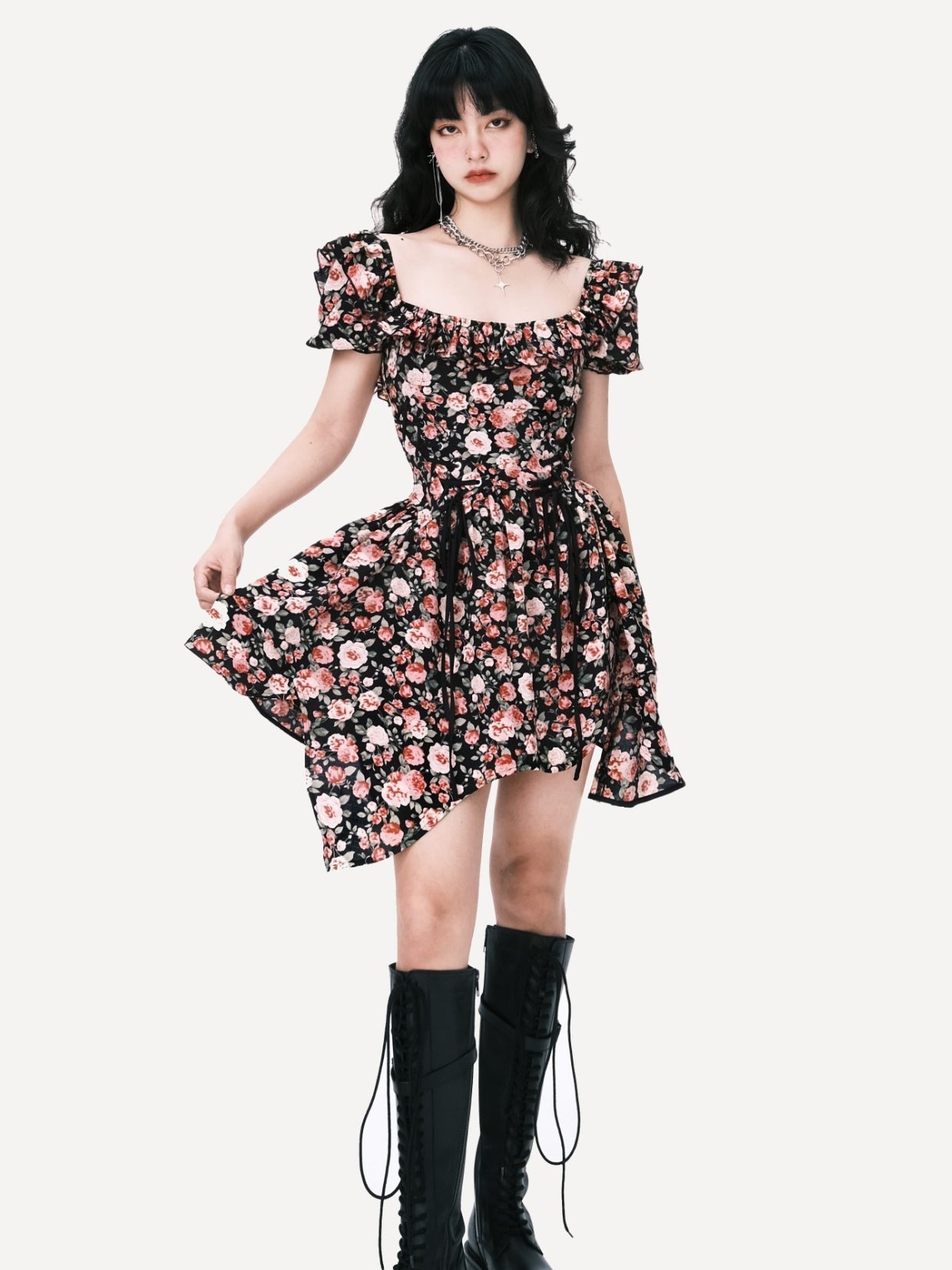 Blossom Noir Puff-Sleeve Dress - chiclara