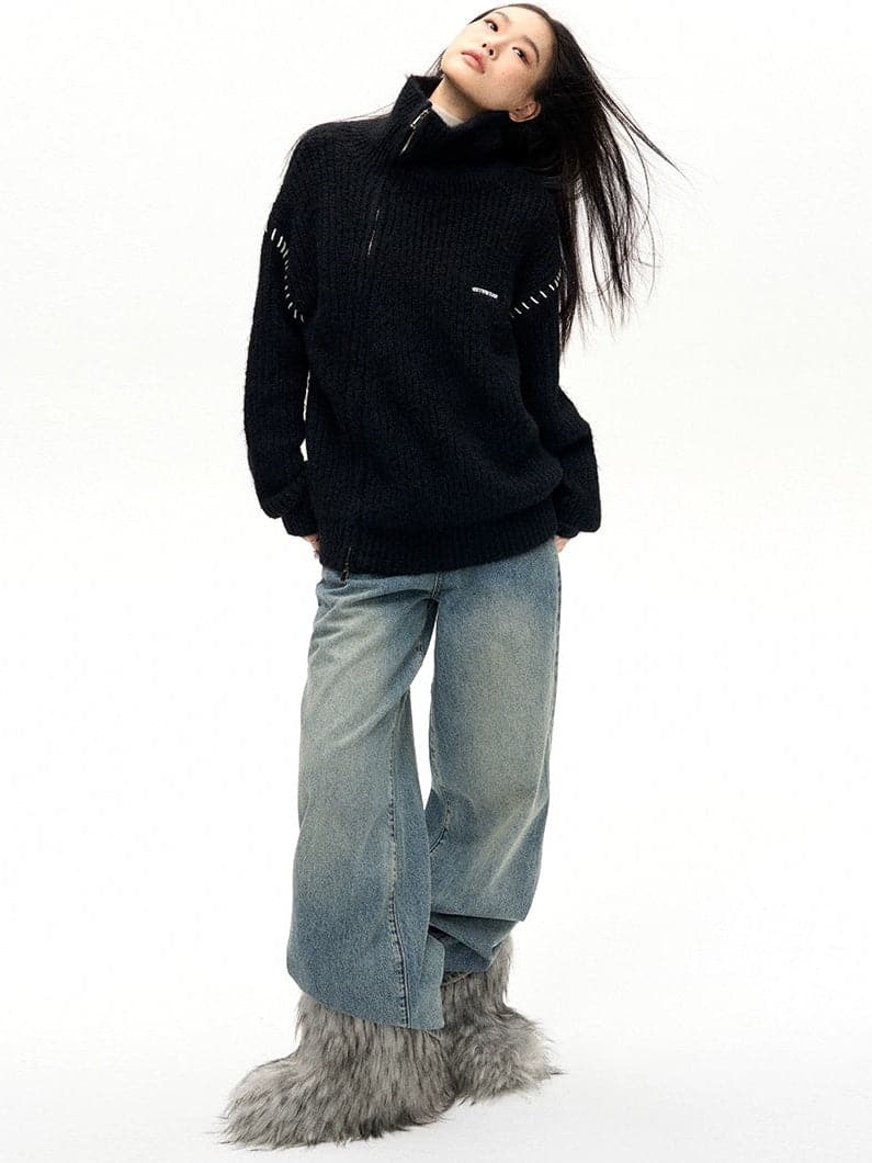 Double-Zip High Neck Knitted Jacket - chiclara