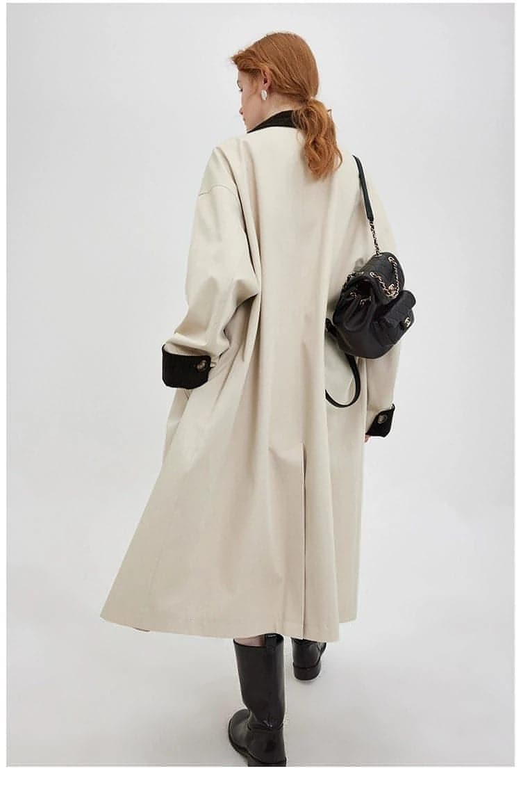 New Retro Color-Block Long Trench Coat - chiclara