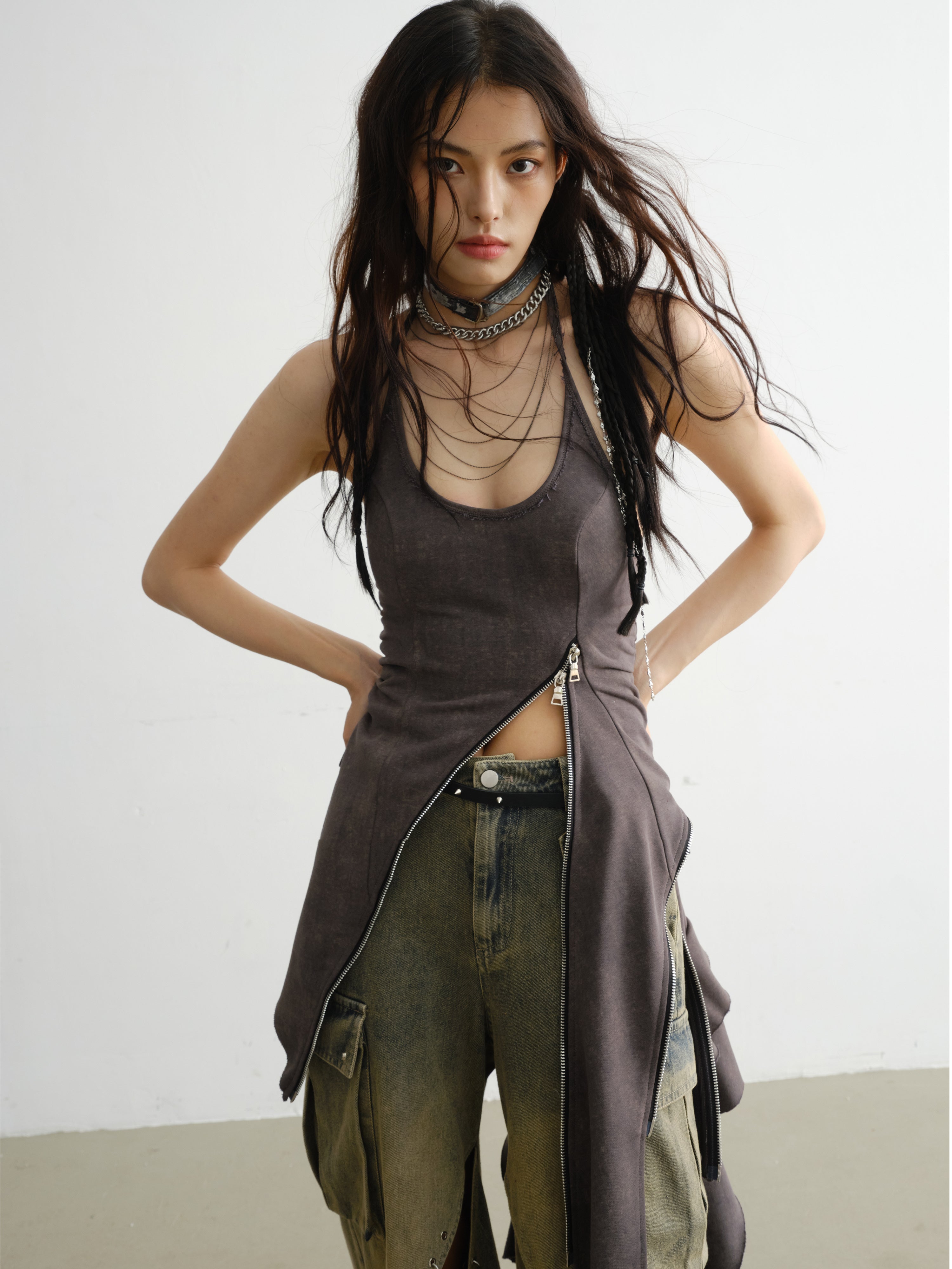 Elegant Ruffled Suspender Dress With Unique Zipper Detail - chiclara