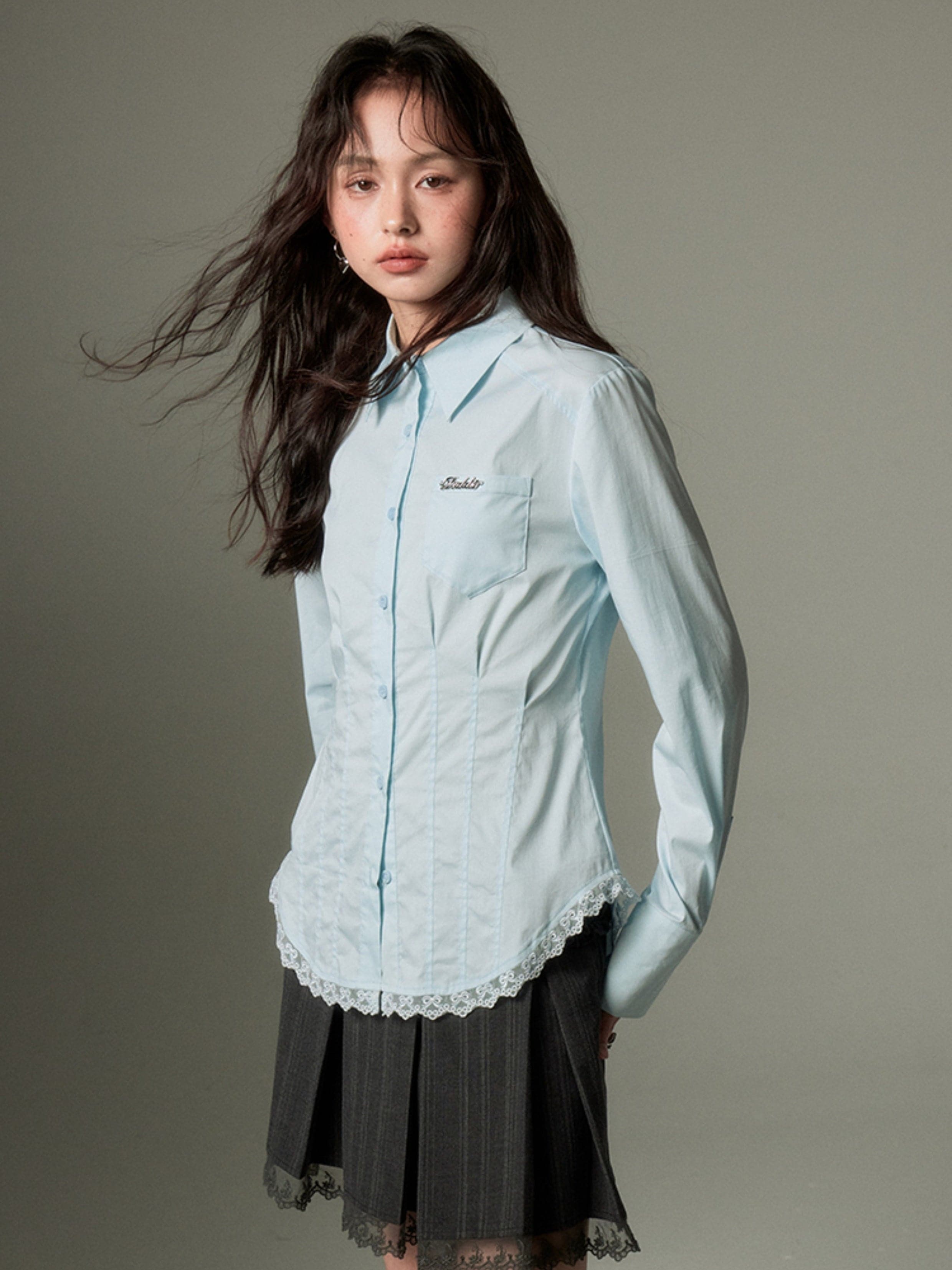 Slim Lace Stitch Waist Shirt - chiclara