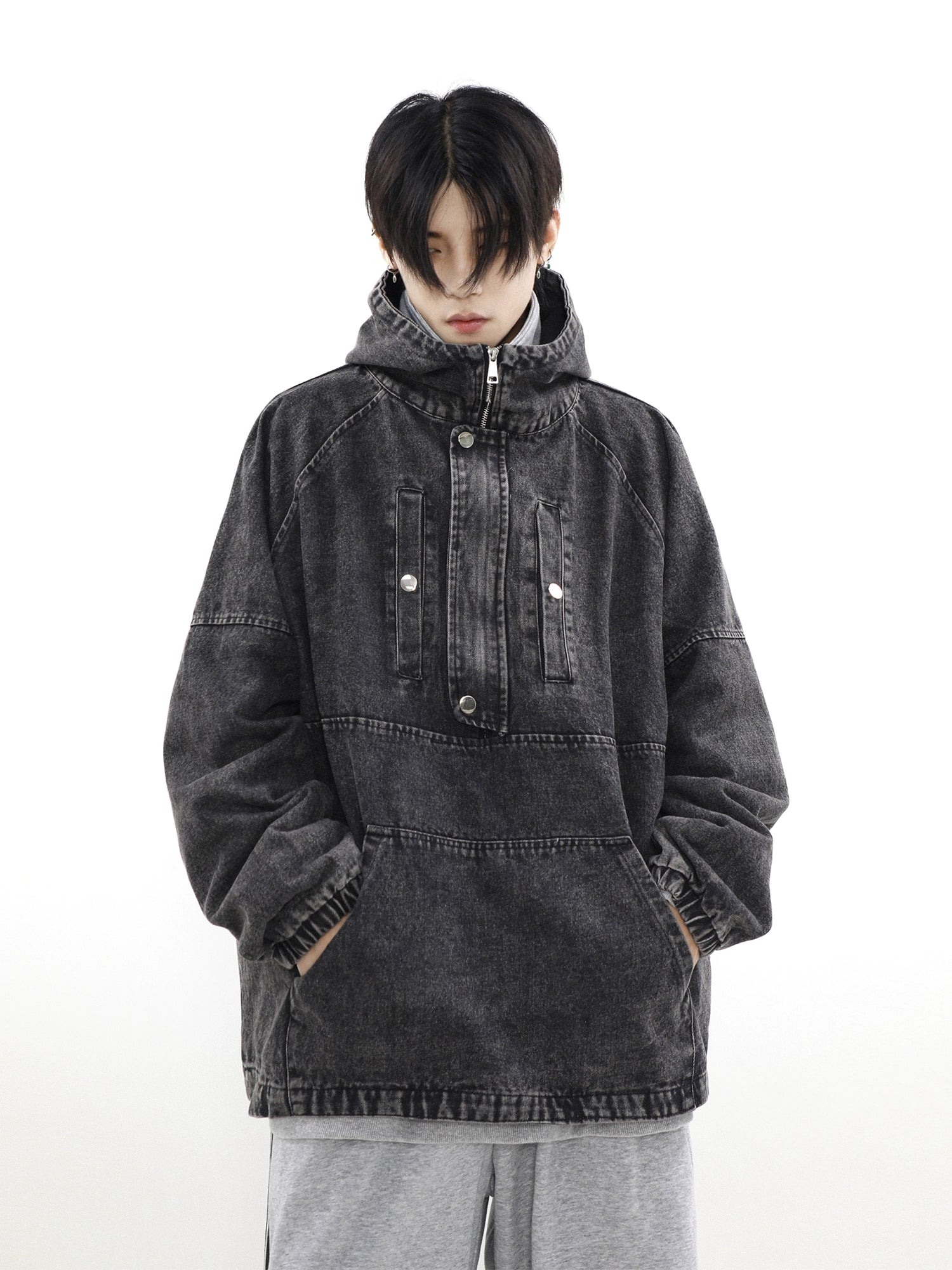 Zip-Front Denim Oversize Hoodie - chiclara
