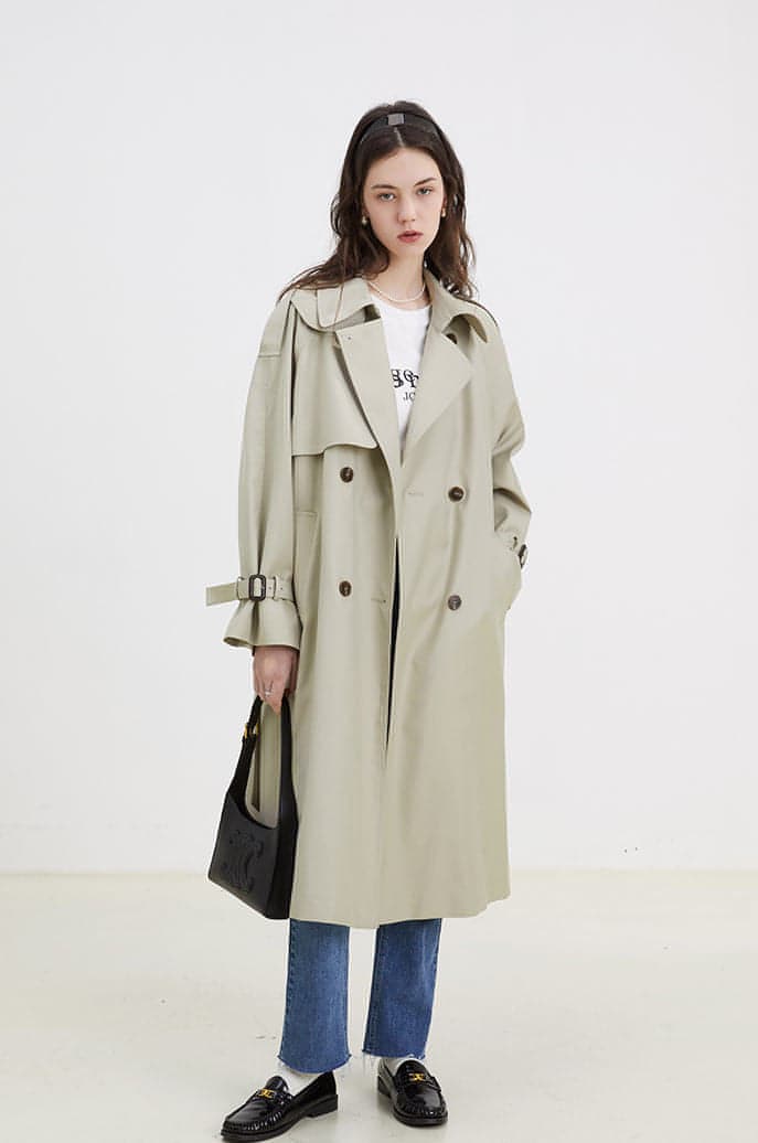 Double-Breasted Loose Mid-Length Melton Trench Coat - chiclara