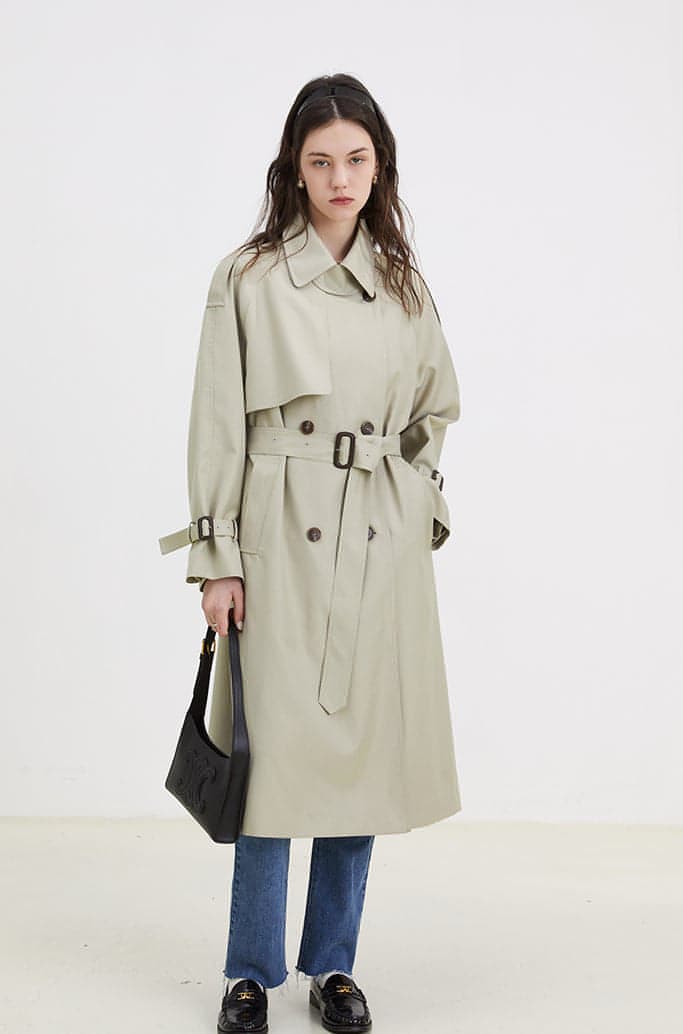 Double-Breasted Loose Mid-Length Melton Trench Coat - chiclara
