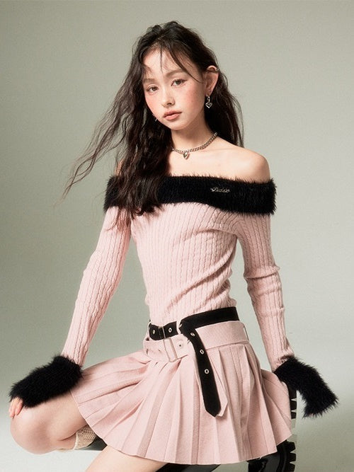 Knit Double Belt Off-Shoulder Dress - chiclara