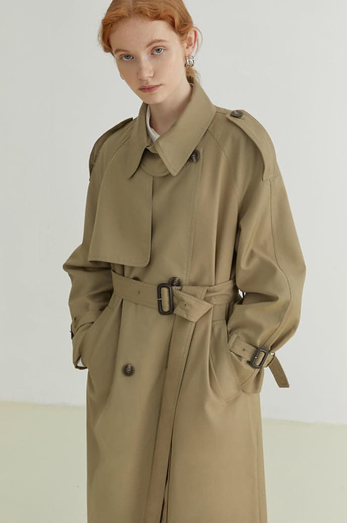 Double-Breasted Loose Mid-Length Melton Trench Coat - chiclara
