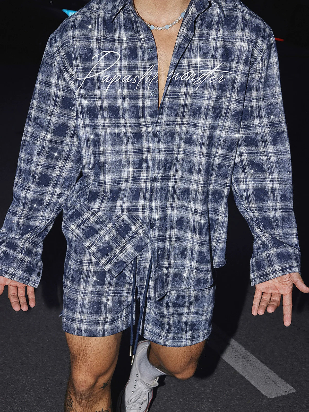 Blue plaid oversized shirt and shorts set styled as a Chiclara matching set