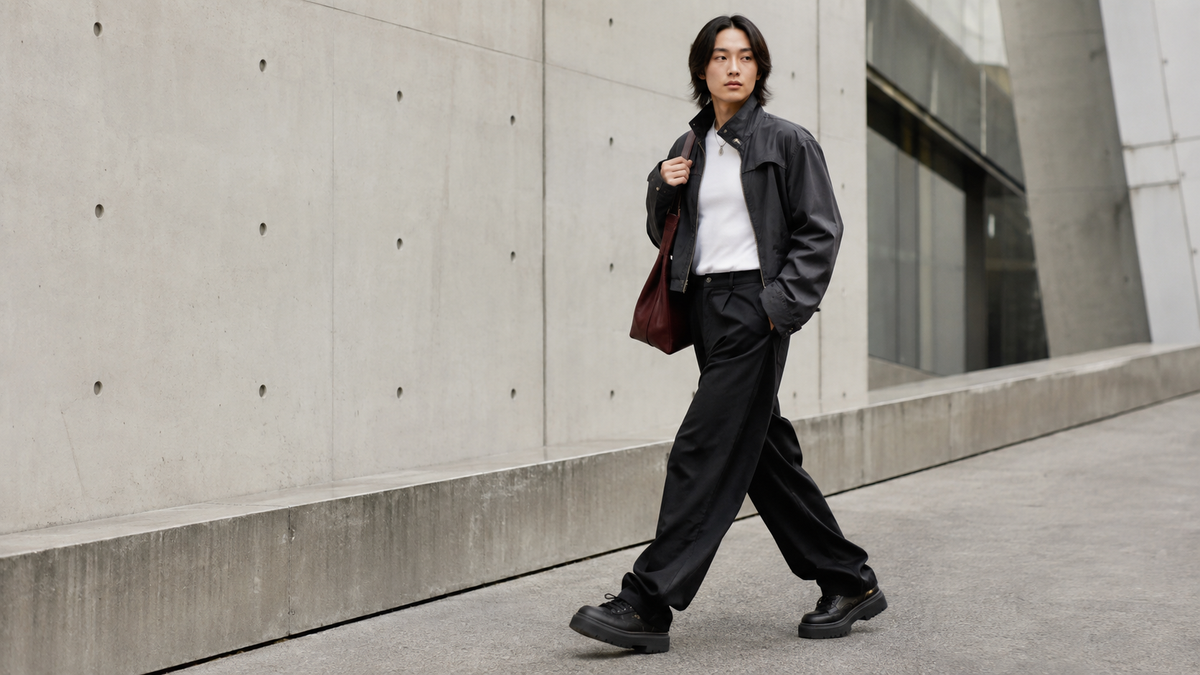 Model styling black platform sneakers with wide-leg trousers for Fall 2026