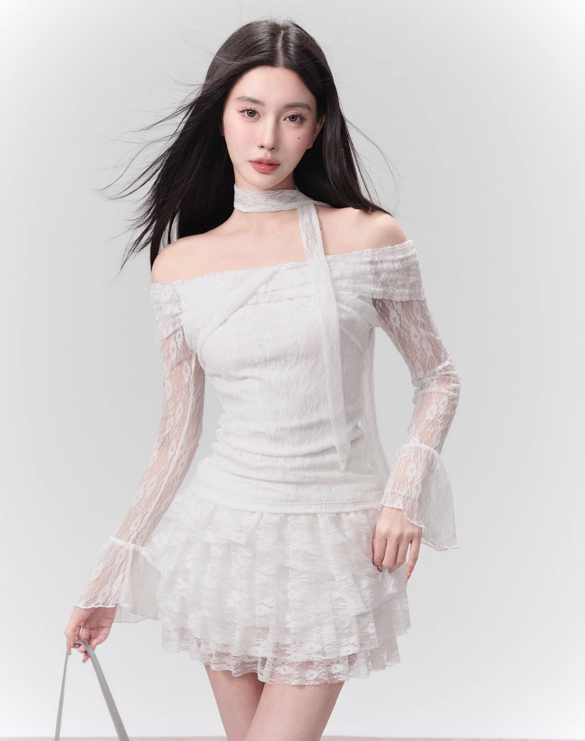 Elegant White Lace One-Shoulder Crop Top & Skirt Set - chiclara