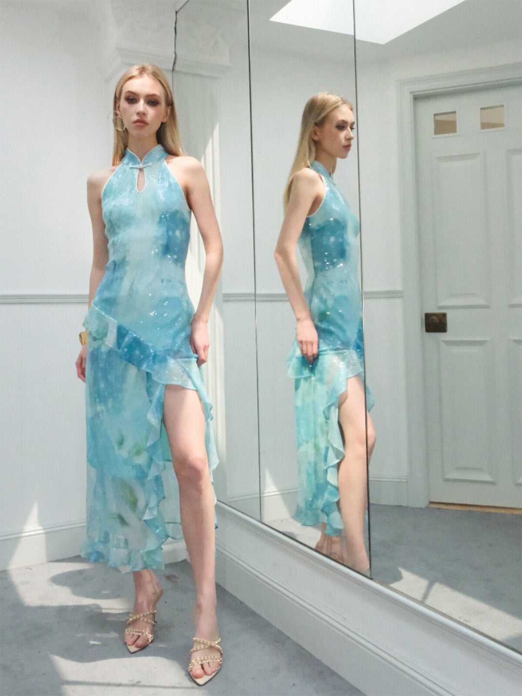 Mint Sequin Ruffle Cheongsam Dress