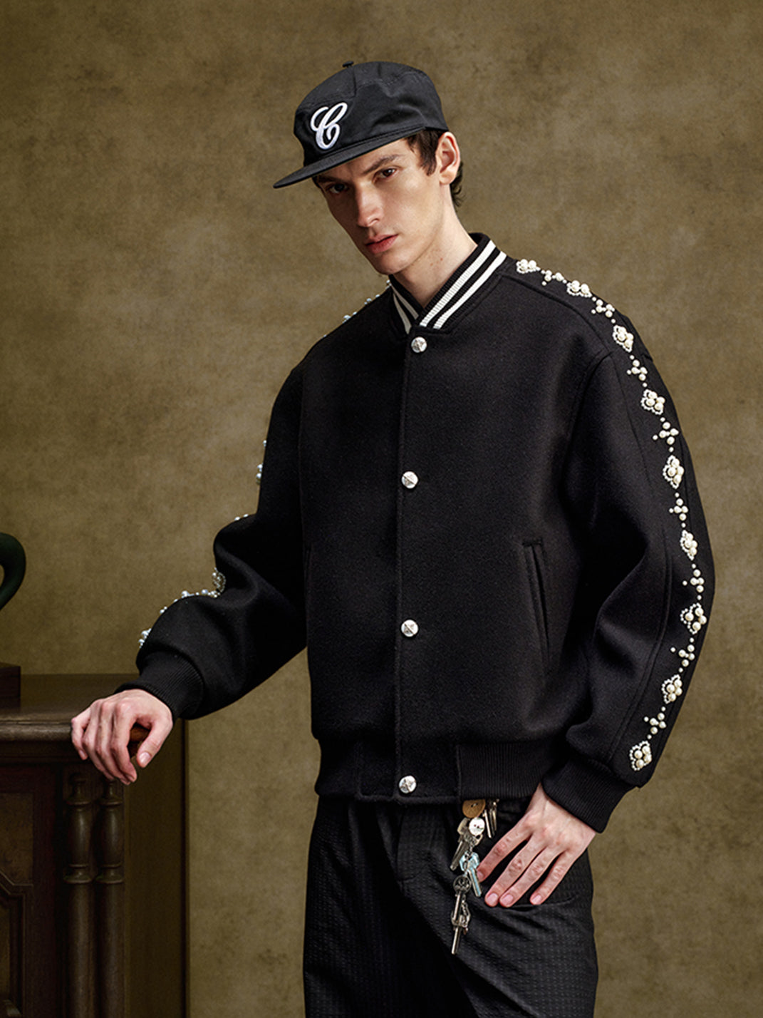 Quilted Pearl Beaded Baseball Jacket
