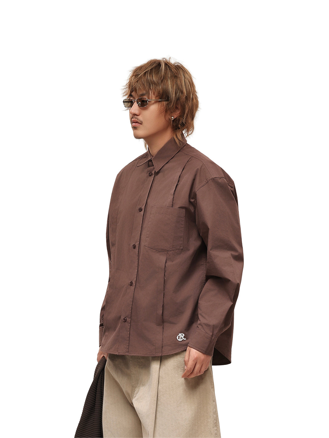 Patchwork Basic Brown Cotton Poplin Embroidered Shirt